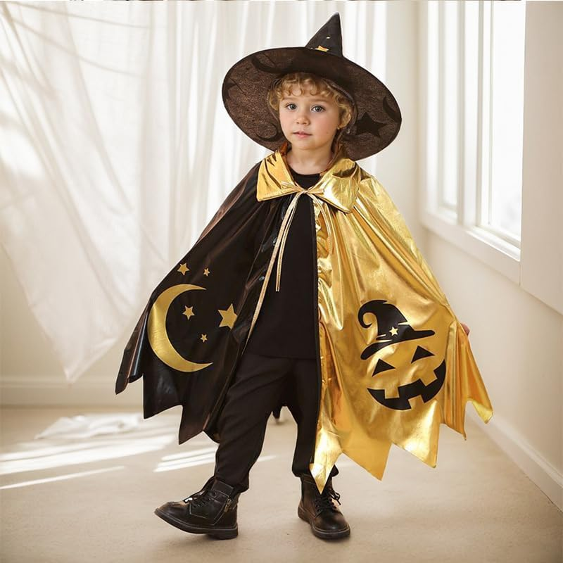 Kids Wizard Cape Set Witch Cloak with Hat Halloween Wizard Role Play Costumes for Boys Girls Halloween Wizard Cosplay