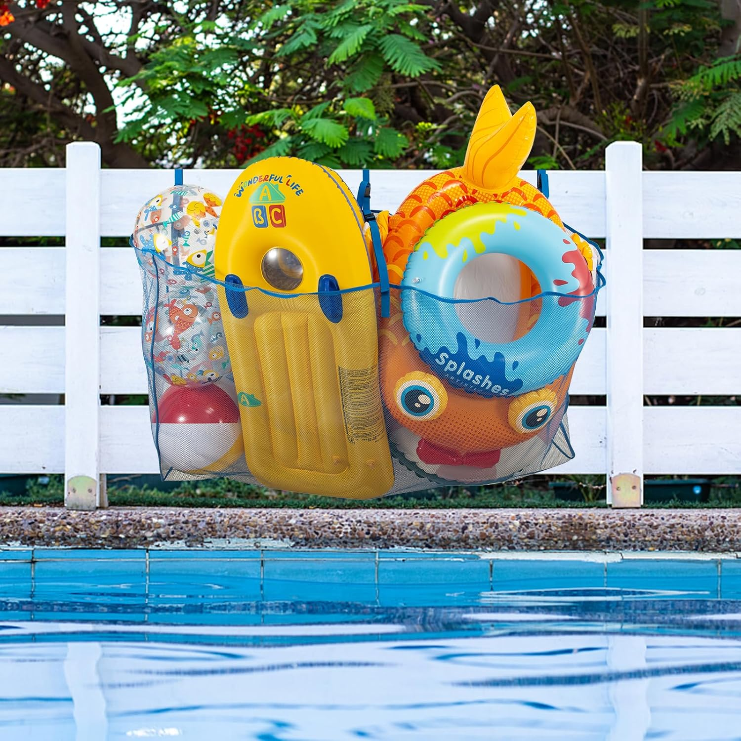 Pool Float Toys Storage Bag,Pool Float Organizer Hanging Mesh Bag for Balls,Floats,Water Inflatable Toy,High Strength Pool Toy Storage Net Bag,Swimming Pool Accessories (Blue) - Blue image number 5