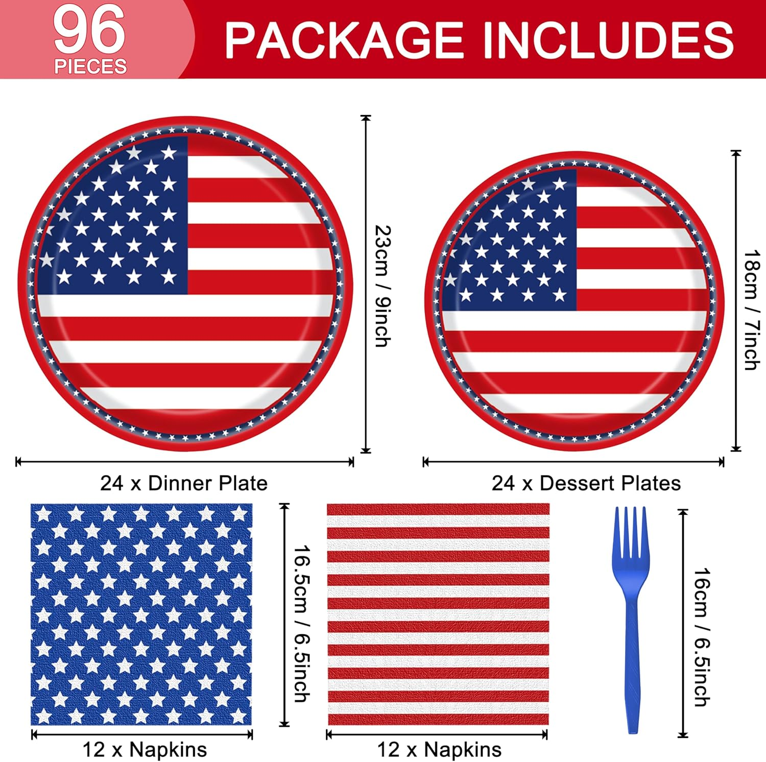 96 Pcs American Flag Patriotic Party Plates and Napkins, Forks Supplies - Disposable Tableware Paper Set for Veterans, Election, 4Th of July, Independence Day Decorations, Serves 24 Guests