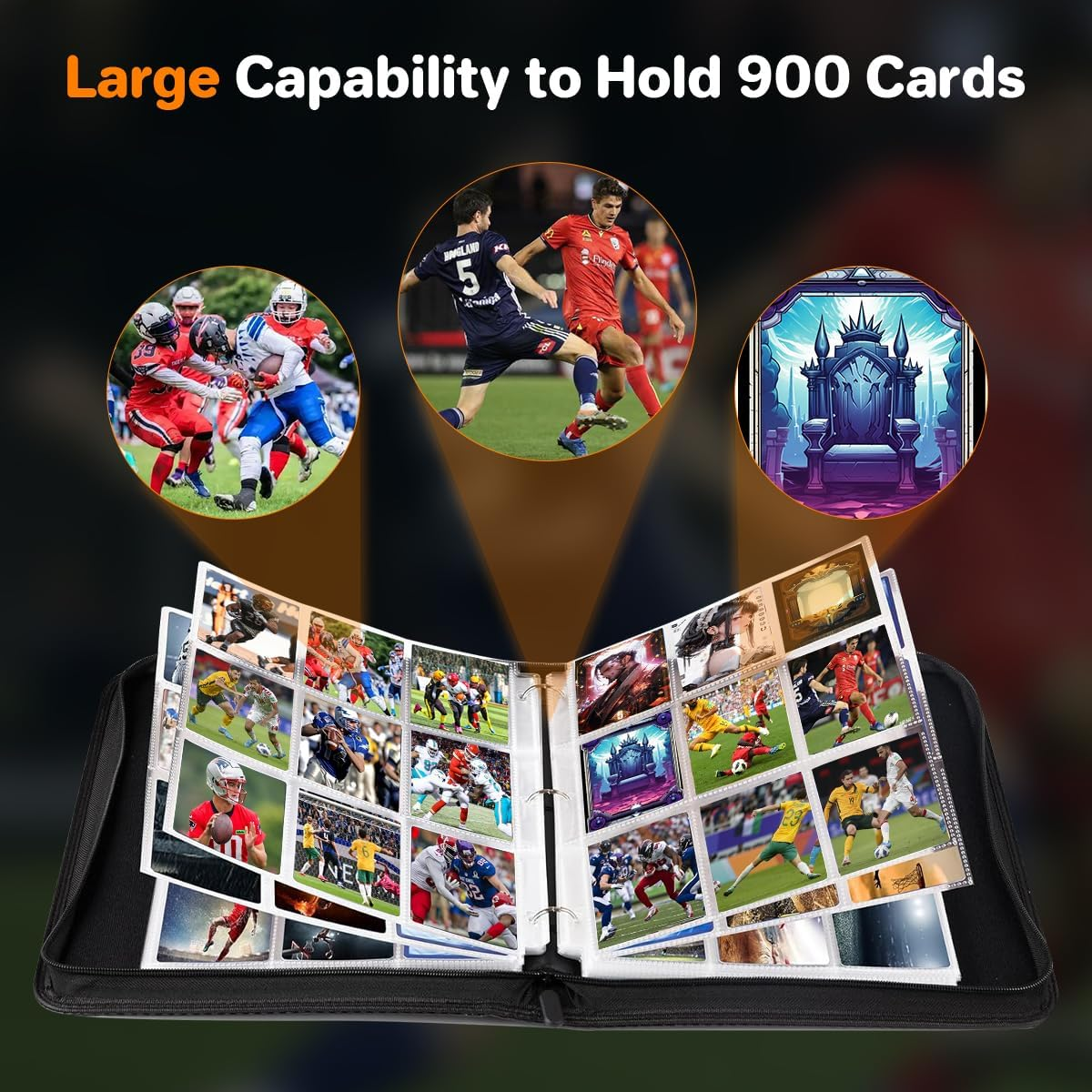 9 Pocket Premium Zip Trading Card Binder - 720 Double Sided Pocket PU Collection Album for MTG, TCG, Sports Cards (Carbon Black) image number 6