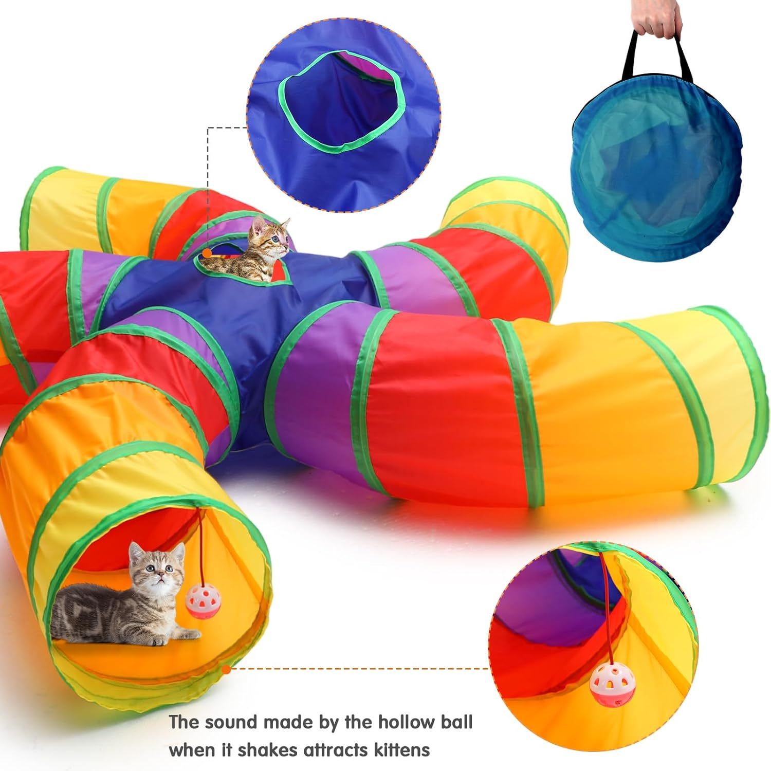 Poen 21 Pcs Cat Tunnel for Indoor Cats Set Collapsible 5 Way Cat Tubes with 20 Pcs Cat Toys Kitten Toys Interactive Cat Feather Toy Mouse Crinkle Balls Cat Tube for Puppy Kitten Rabbit(Colorful) image number 6