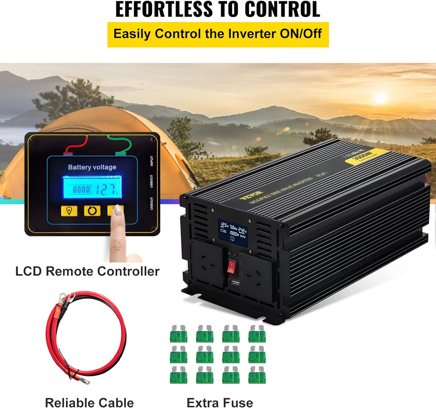 VEVOR Power Inverter 3000W Modified Sine Wave Inverter DC 12V to AC 240V Car Converter with LCD Display Remote Controller LED Indicators AC Outlets Power Inverter for Car RV Truck Boat Travel Camping image number 2