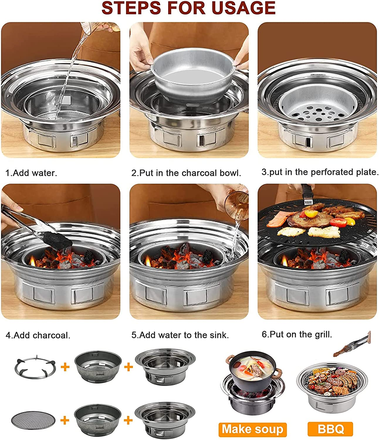 Multifunctional Charcoal Barbecue Grill, Portable Household Korean Grill, Smoker Grill Non-Stick round Carbon Barbecue Grill Camping Grill Stove for Outdoor, Indoor and Picnic