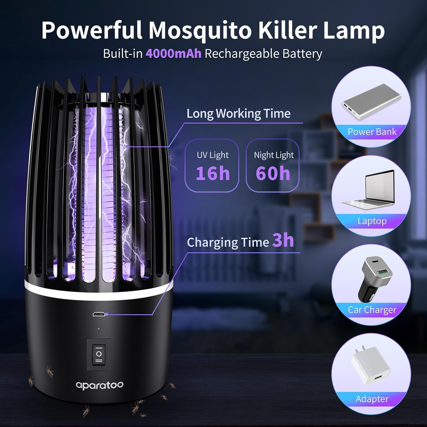 Fly Killer, Mosquito Killer Lamp Electric Fly Zapper Fly Trap, USB Fruit Fly Killer UV Insect Killer Bug Zapper for Bedroom, Camping, Kitchen, Office, Safe Fly Catcher Outdoor Indoor for Home Use image number 2