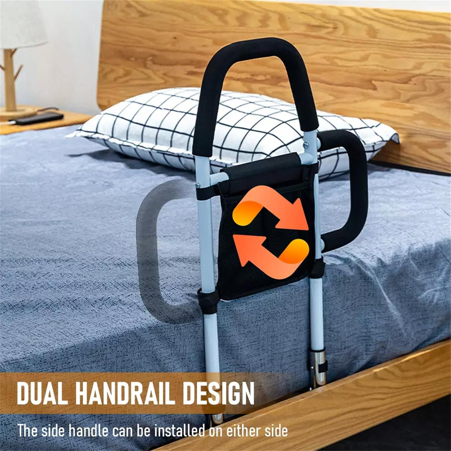 Bed Rail for Elderly Height Adjustable Medical Bed Support Bar Bed Safety Assist Rail Support up to 136 Kg with Dual Handrail Storage Pocket Fixing Strap Fits King Queen Twin Full Bed 60Cmx52Cmx28Cm image number 6