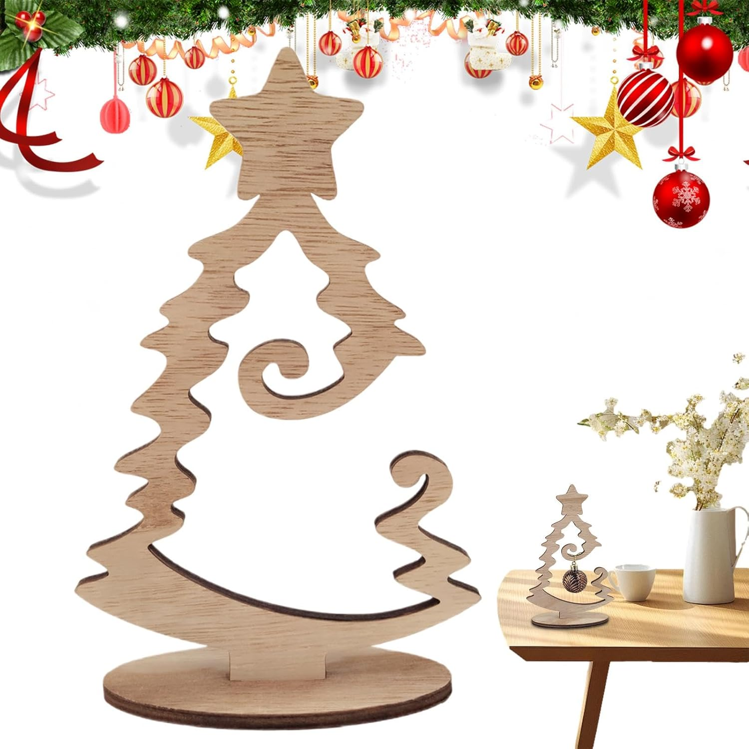 Wooden Desktop Christmas Tree - Tree Ornaments Rustic Tabletop Decor - Stable Small Desktop Christmas Tree Standing Wooden Christmas Tree for Window Sill Living Room image number 2