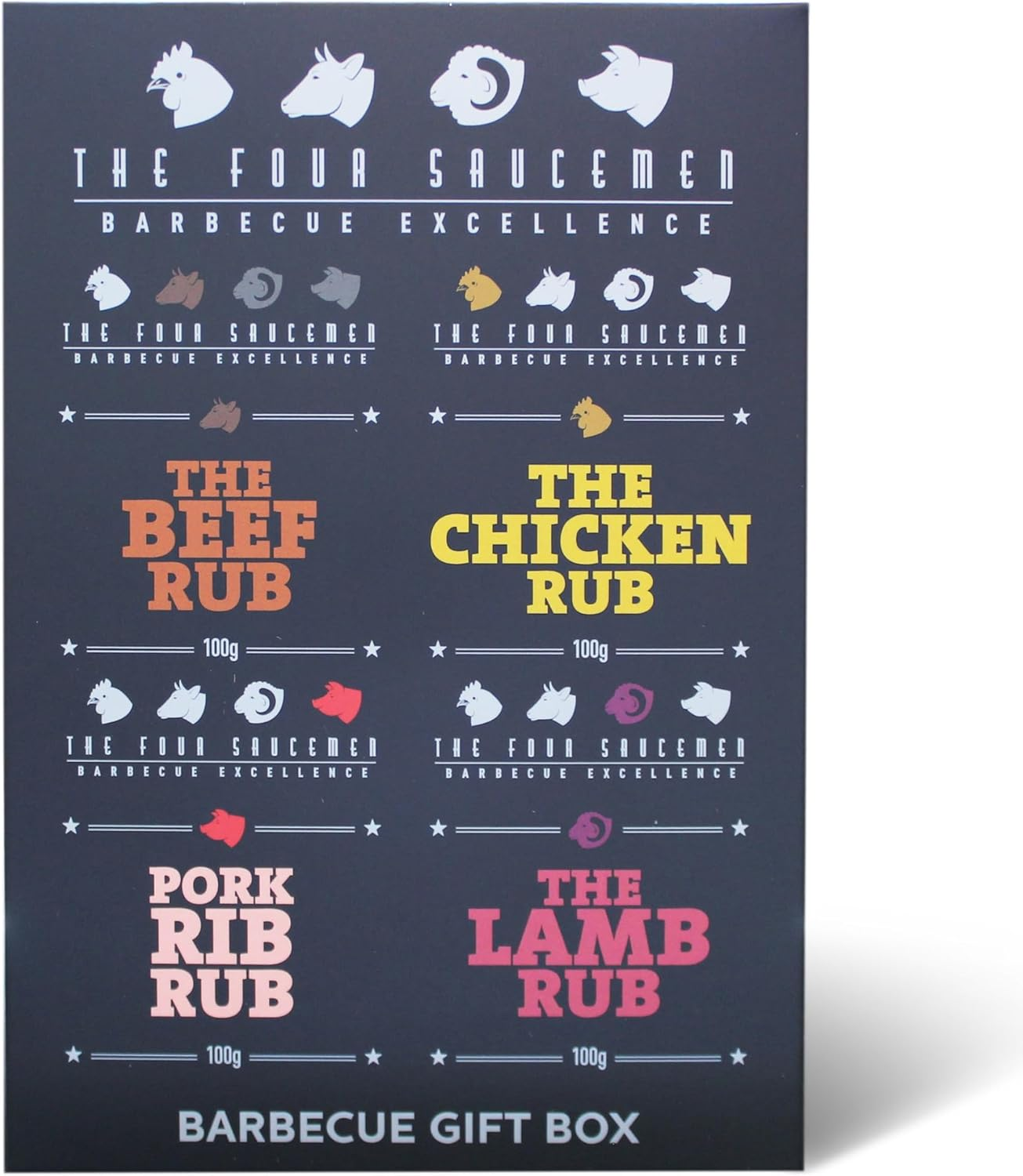 The Four Saucemen BBQ Rub Gift Box - Premium Meat Seasoning Set with Pork, Chicken, Beef, Lamb Rubs & Steak Cooking Guide