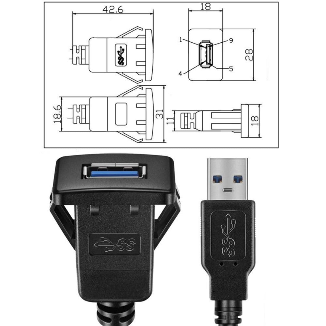 CY USB 3.0 Single Port Extension Latch Mount Car AUX Cable for Dashboard Panel 1M Waterproof image number 5