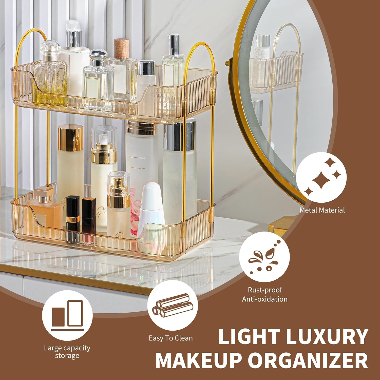 Ycia&Done Bathroom Organizer Countertop, Makeup Storage, Skincare Cosmetic Tray Shelf, Perfume Holder Rack for Vanity Counter, Large Capacity, Easy to Install, Clean, 2 Tiers, Amber Gold image number 6