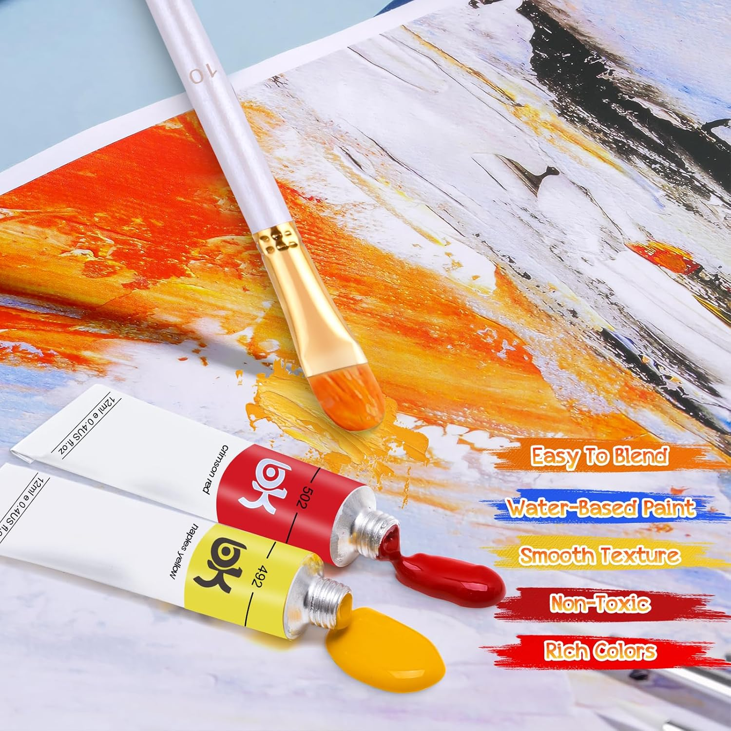 Aottom 33 Piece Canvas Acrylic Paint Set, 24 X Tube Acrylic Paints with 5 X Brush Set + 2 X Canvas + 1 X Mixing Knife Acrylic Paint Set for Stones, Paper, Wood Acrylic Paints for Artists, Beginners image number 4