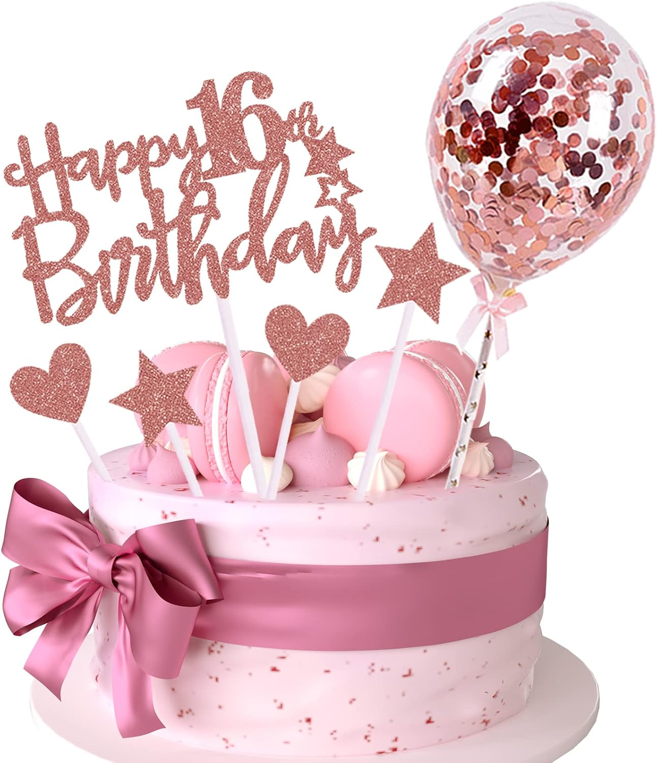 16Th Happy Birthday Cake Topper, Rose Gold Glitter 16Th Birthday Cake Topper with Balloon Cake Topper for Girl Birthday Cake Decorations image number 2