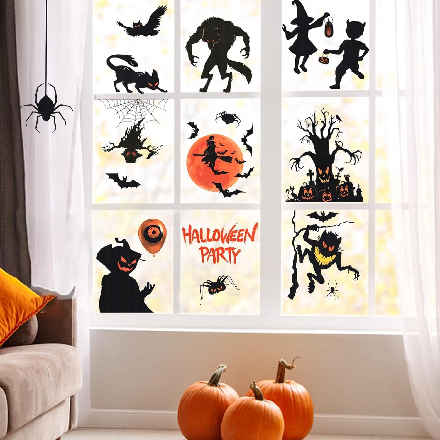 9 Sheets Halloween Window Clings, Scary Halloween Window Stickers, Removable Double Sided Halloween Window Decals for Glass Windows, Halloween Window Decorations Home Decor Halloween (A) - C image number 4