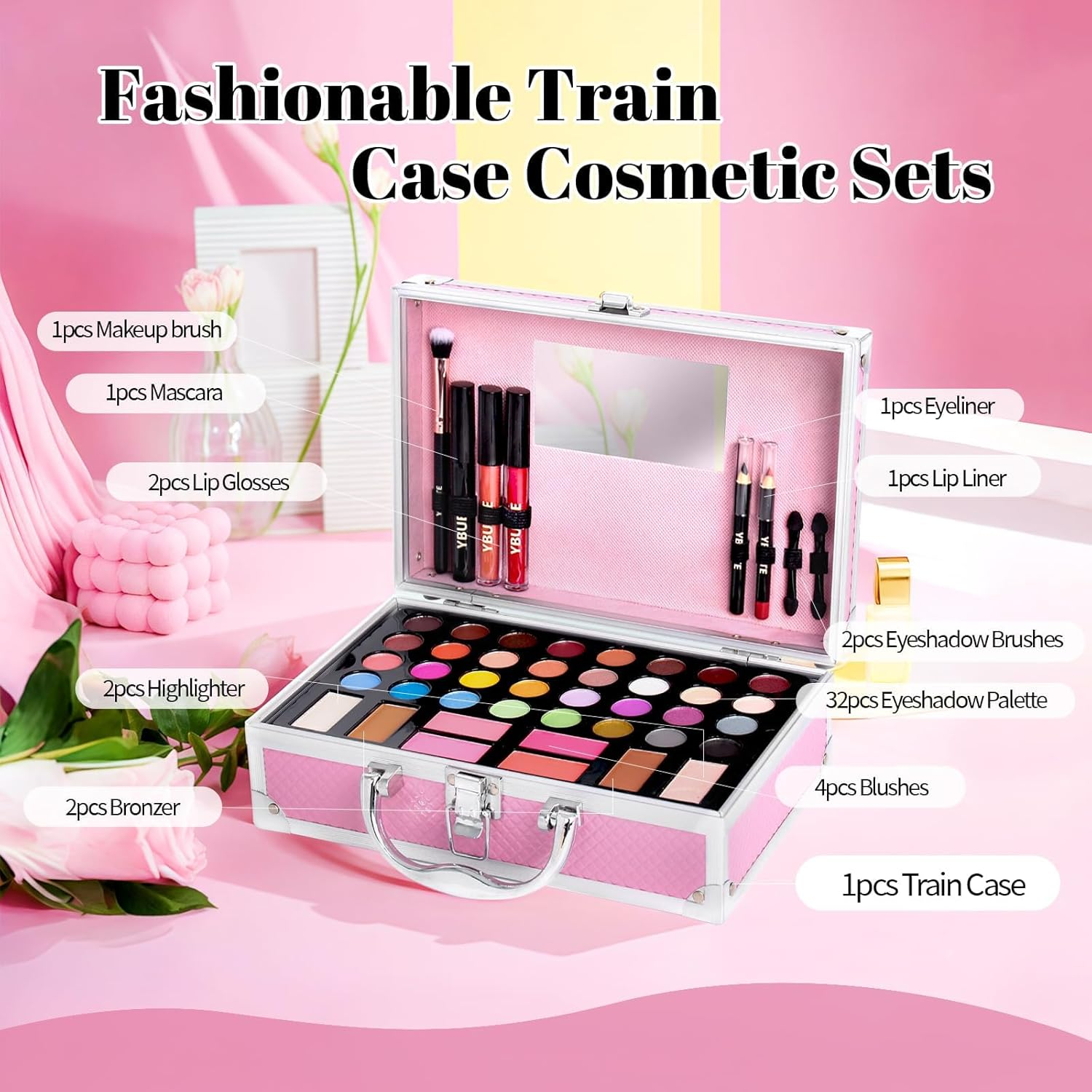 Beginner Makeup Kit for Teen,Makeup Set for Girl Women,Beginner Makeup Kit with Cosmetic Train Case Included 32 Colors Eyeshadow Blush Contour Lip Gloss Lip Liner Mascara Eyeliner Mirror image number 1