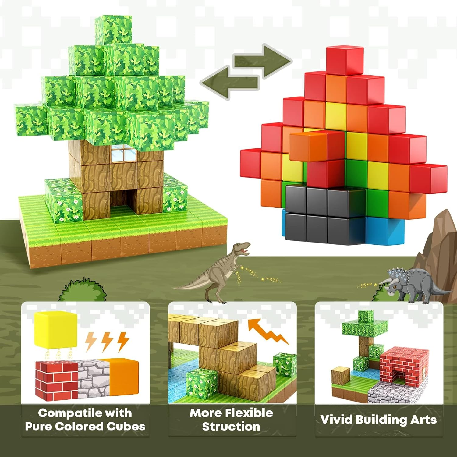 Magnetic Building Blocks,100Pcs Build Forest & Mine Adventure Magnet World, Construction Cubes with Multiple Patterns for Creative, STEM Montessori Sensory Stacking Toy Gifts for Kids image number 1
