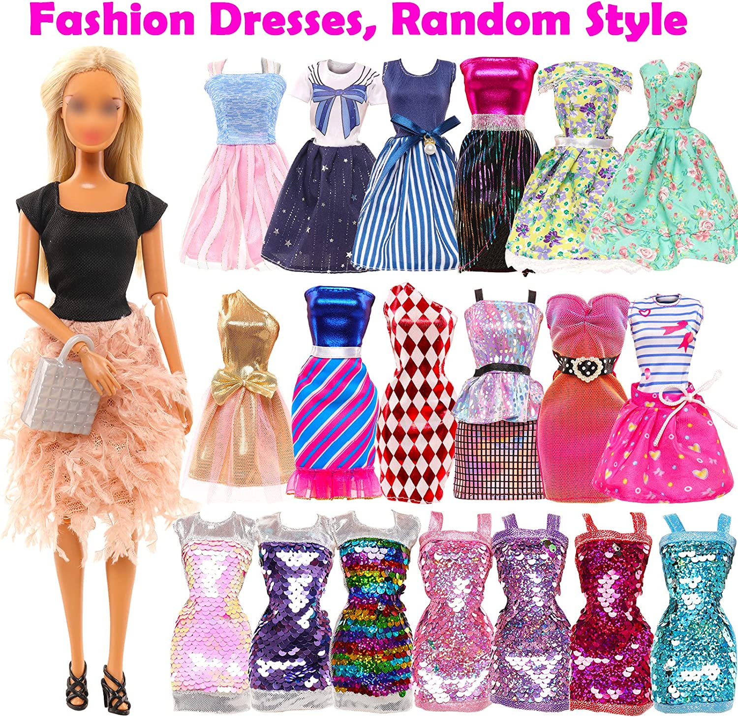 BARWA 52 Pack Doll Clothes and Accessories 3 Wedding Gown 6 Fashion Sequins Dresses 3 Tops 3 Pants 3 Swimsuits 5 Mini Skirts 32 Pcs Computer Shoes Hangers Cosmetic Accessories for 11.5 Inch Dolls image number 6