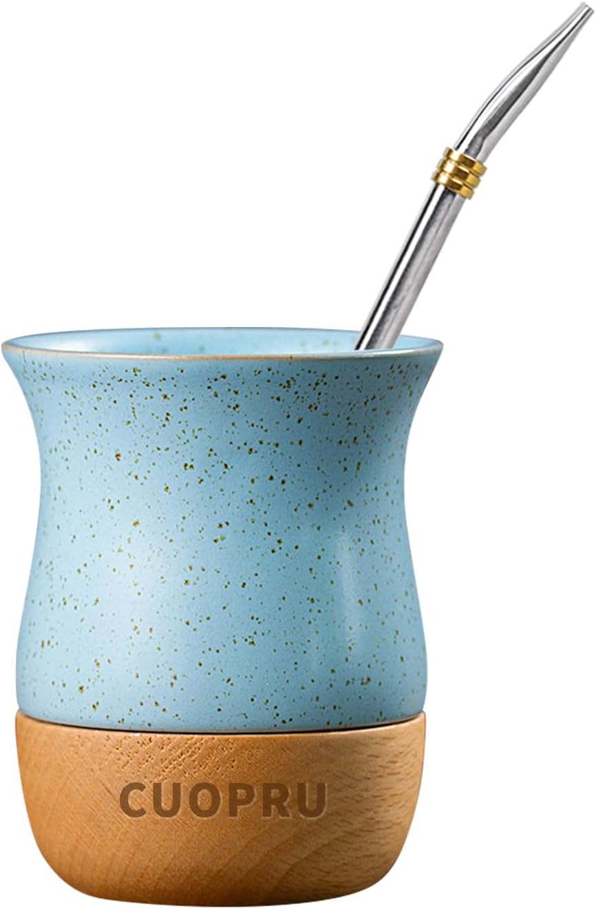 8 OZ Ceramic Yerba Mate Cup with Original Wood Base, Includes Mate Gourd, Bombilla Straw and Cleaning Brush - Perfect for Traditional Yerba Mate and Modern Style Drinking Mug (White)