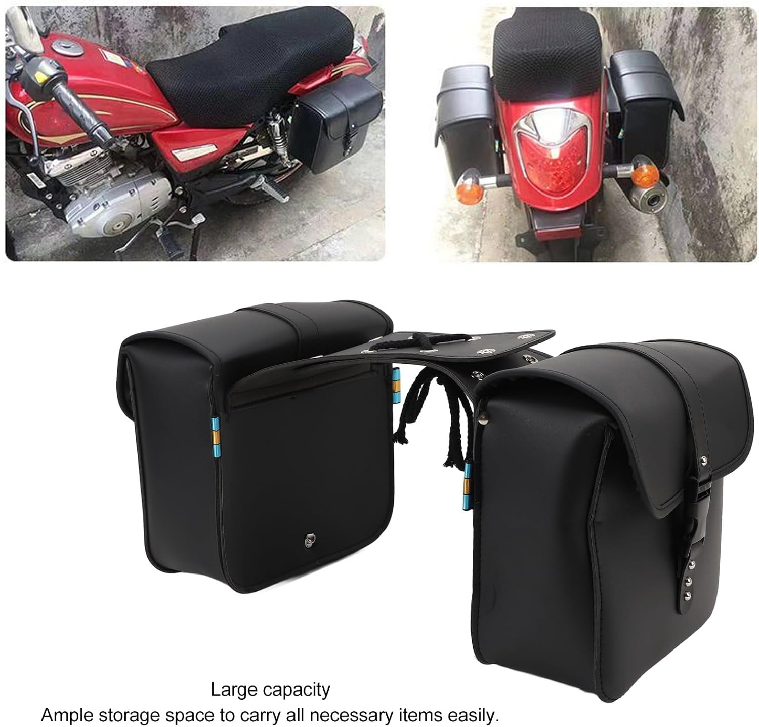 Motorcycle Saddlebags, High Capacity with Rope, Waterproof PU Leather Saddle Bags 1 Pair, Universal Motorbike Side Bag, Easy Installation, Black