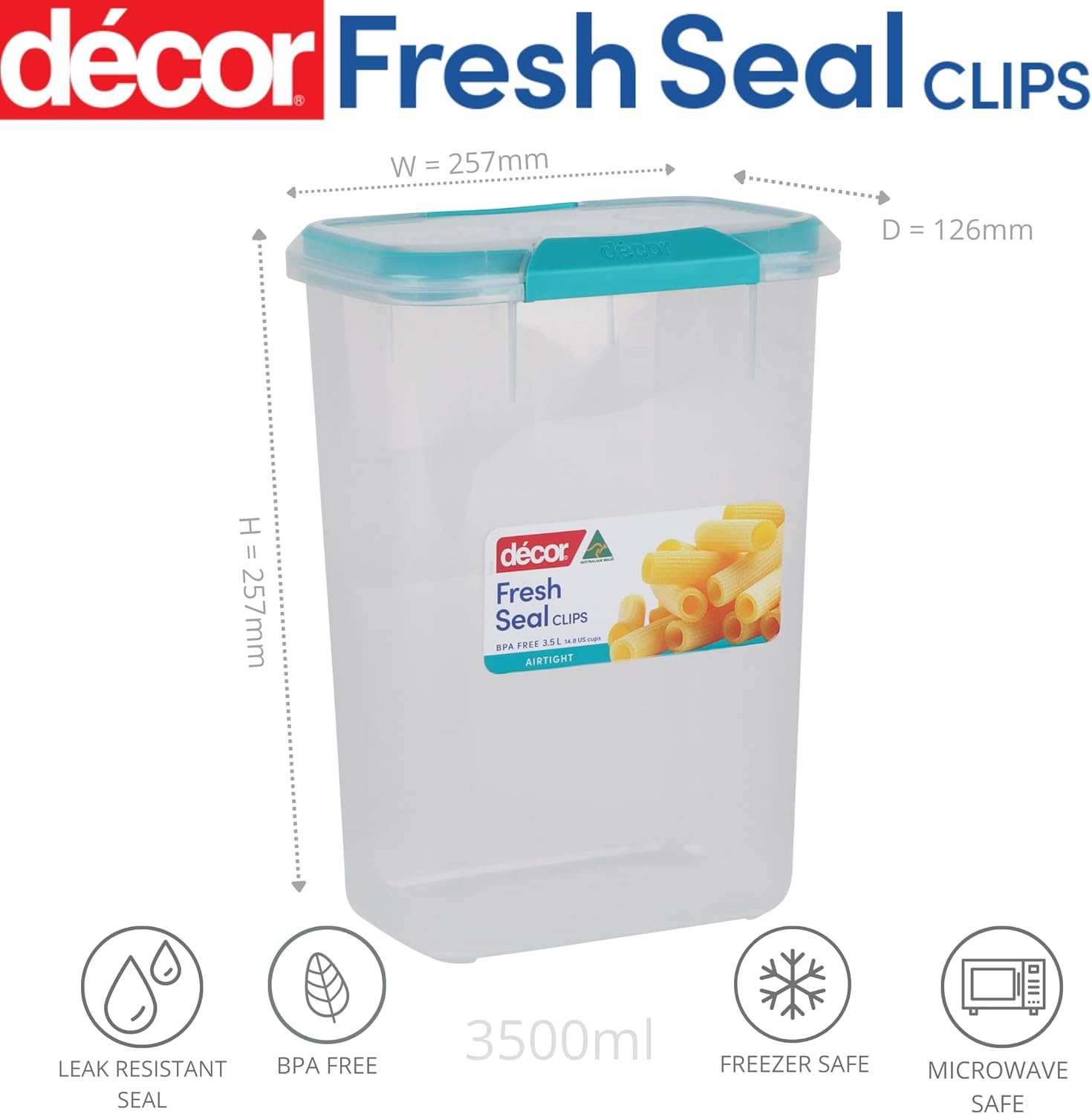 Decor Fresh Seal Clips Oblong Food Storage Container, Clear/Teal, 3.5 Litre Capacity image number 6