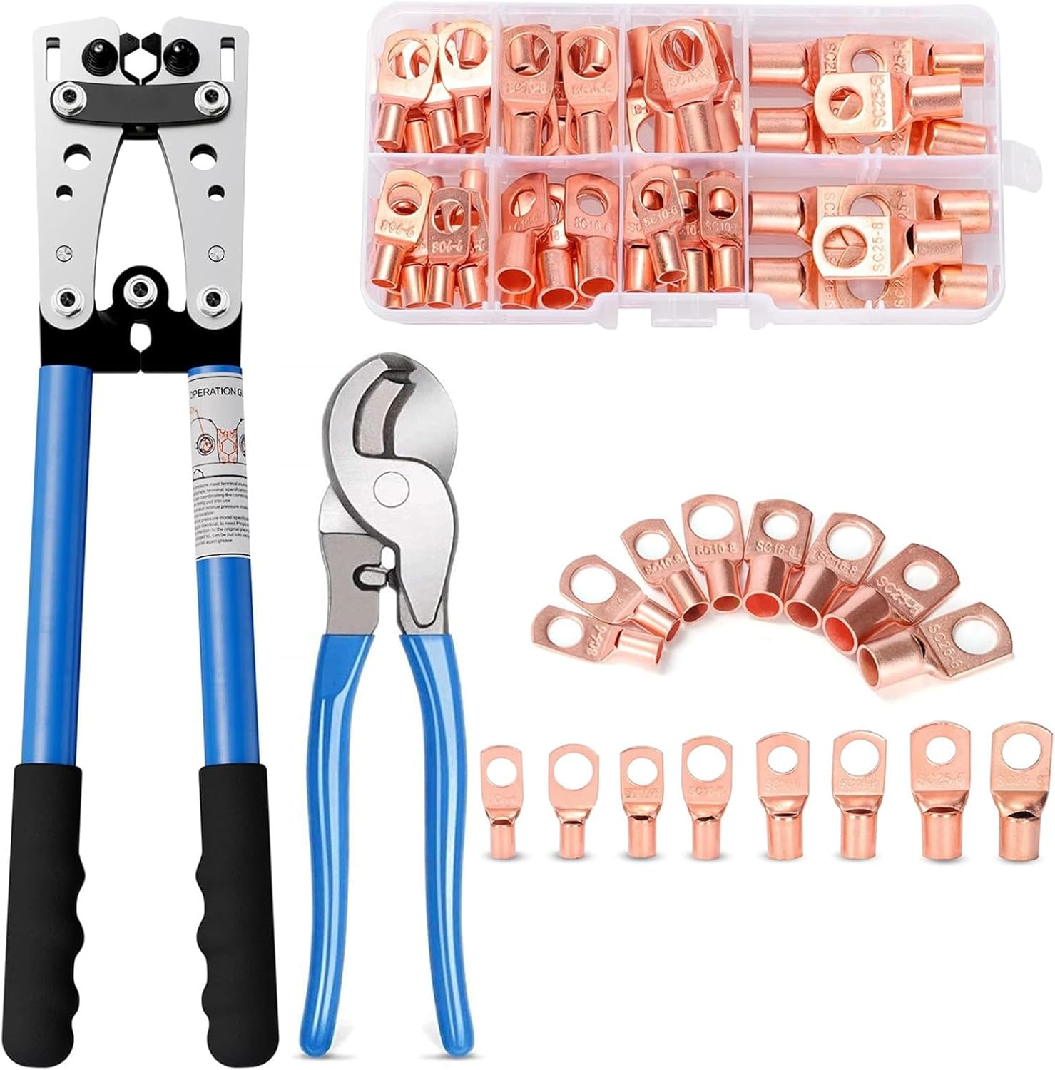 Battery Cable Lug Crimping Tool for Heavy Duty Wire Lugs with Cable Cutter 60Pcs Ring Terminals, Battery Terminal 6-50Mm&sup2;, Copper Lugs for 10, 8, 6, 4, 2, 1/0 AWG Wire Cable Cutting and Crimping image number 1