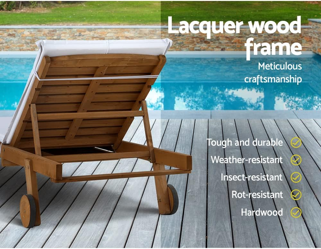 Gardeon Sun Lounge Camping Chair Wooden Wood Lounger, Chaise Beach Chairs Outdoor Furniture Garden Patio Setting Pool Backyard, with Wheels Cushion Pillow Adjustable Backrest White image number 5