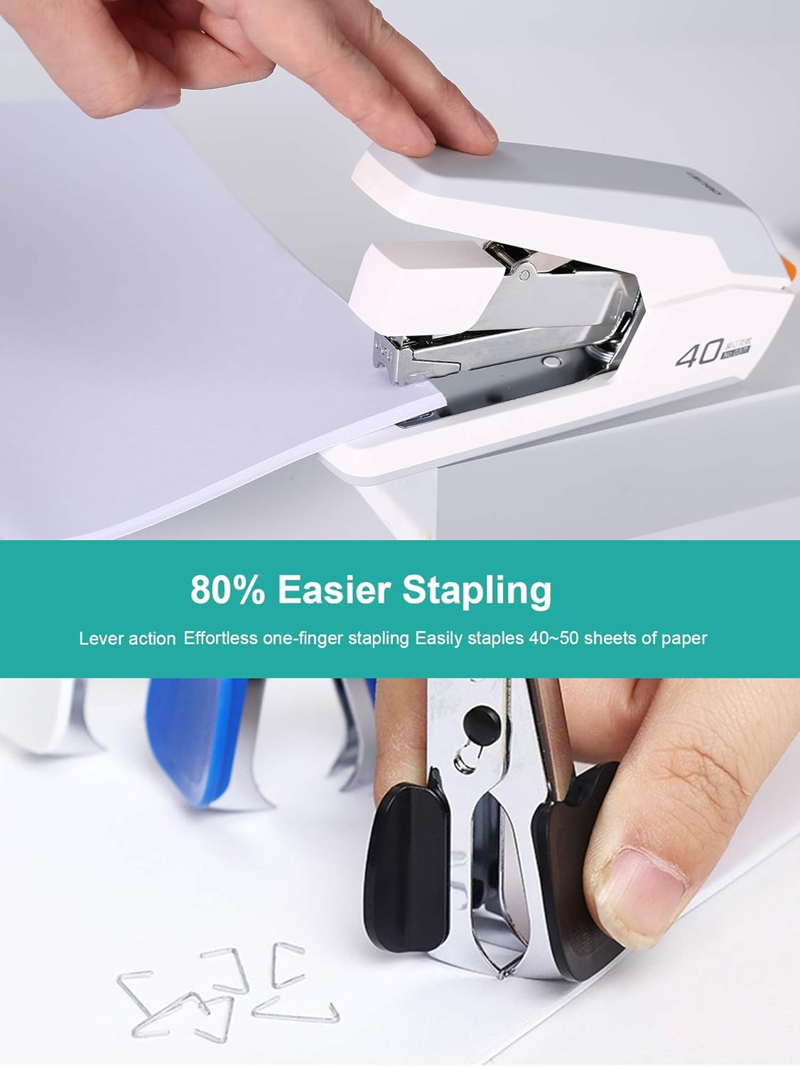 Deli Effortless Desktop Stapler, 40 Sheet Capacity, One Finger Touch Stapling, Easy to Load Ergonomic Heavy Duty Stapler, Includes 1500 Staples and Staple Remover image number 5