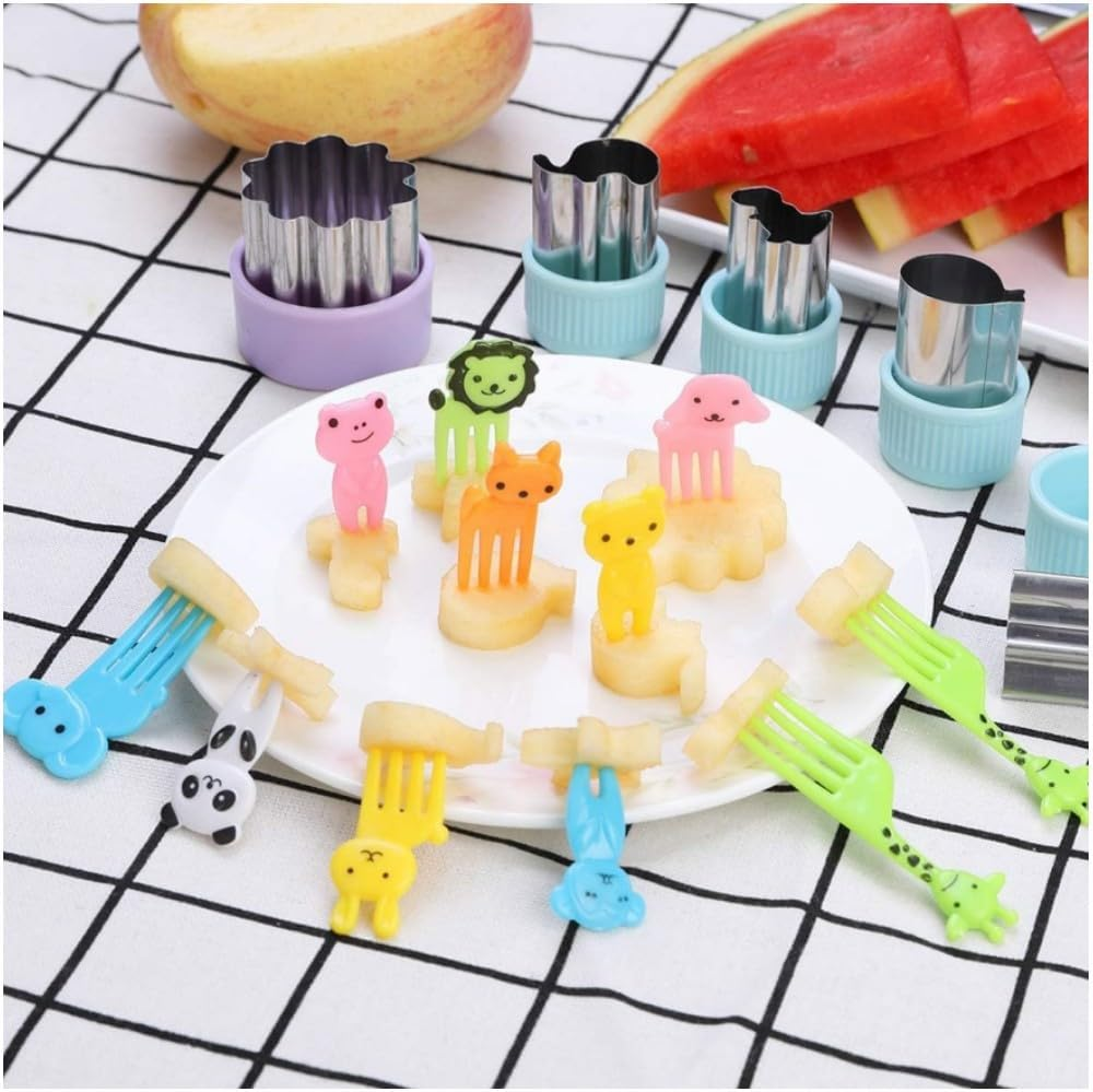 Vegetable Cutters Shapes Set, 20Pcs Stainless Steel Mini Cookie Cutters, Animal Dinosaur Mouse Heart Star Bread Cutter 20Pcs Cute Cartoon Animals Food Picks and Forks, Sandwich Cutters Set image number 1
