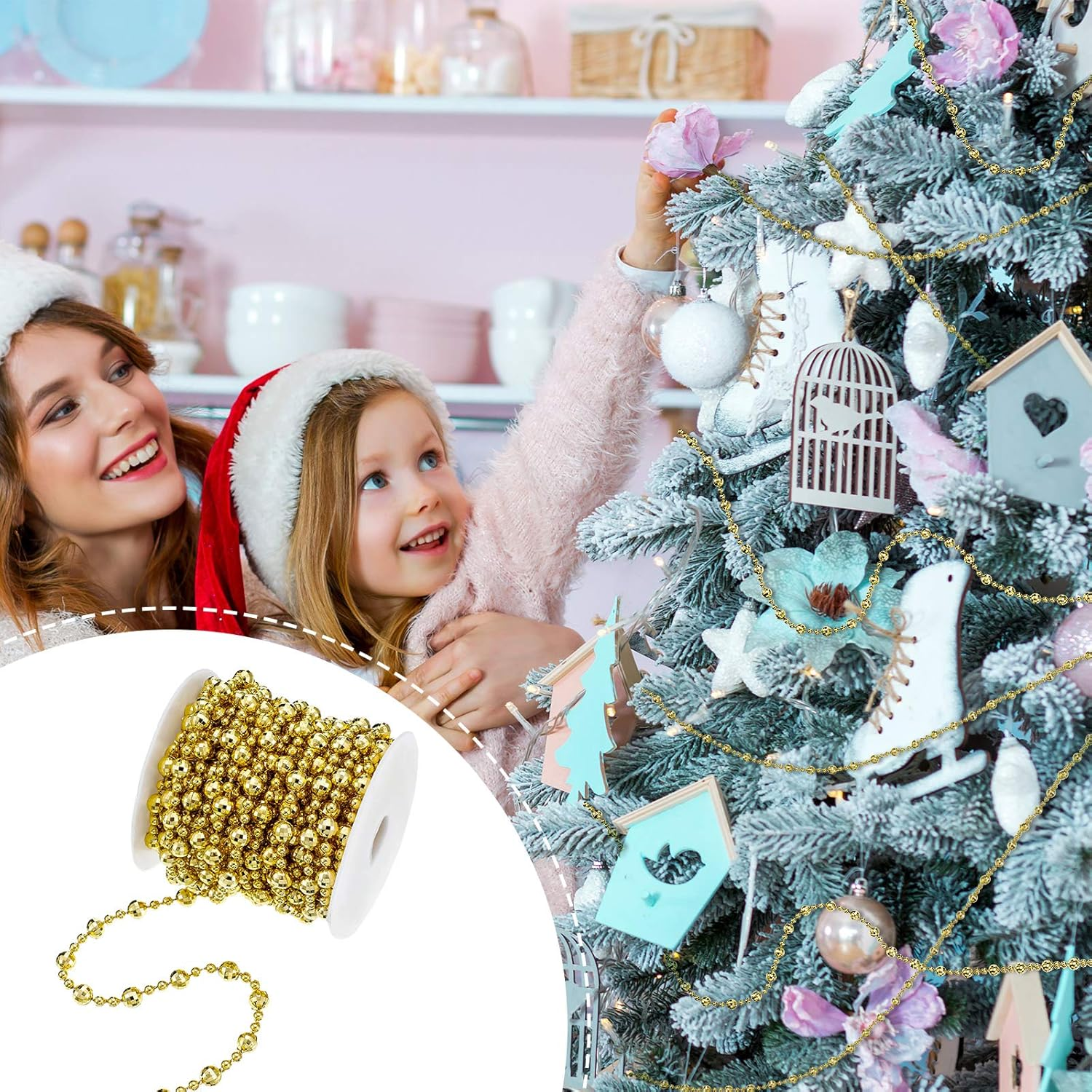 WILLBOND 32.8 Feet Christmas Tree Beads Beaded Garland Strand Plastic Pearls Beads Garland Crystal Bead Roll for Christmas and Holiday Decorations (Gold) - Gold image number 2