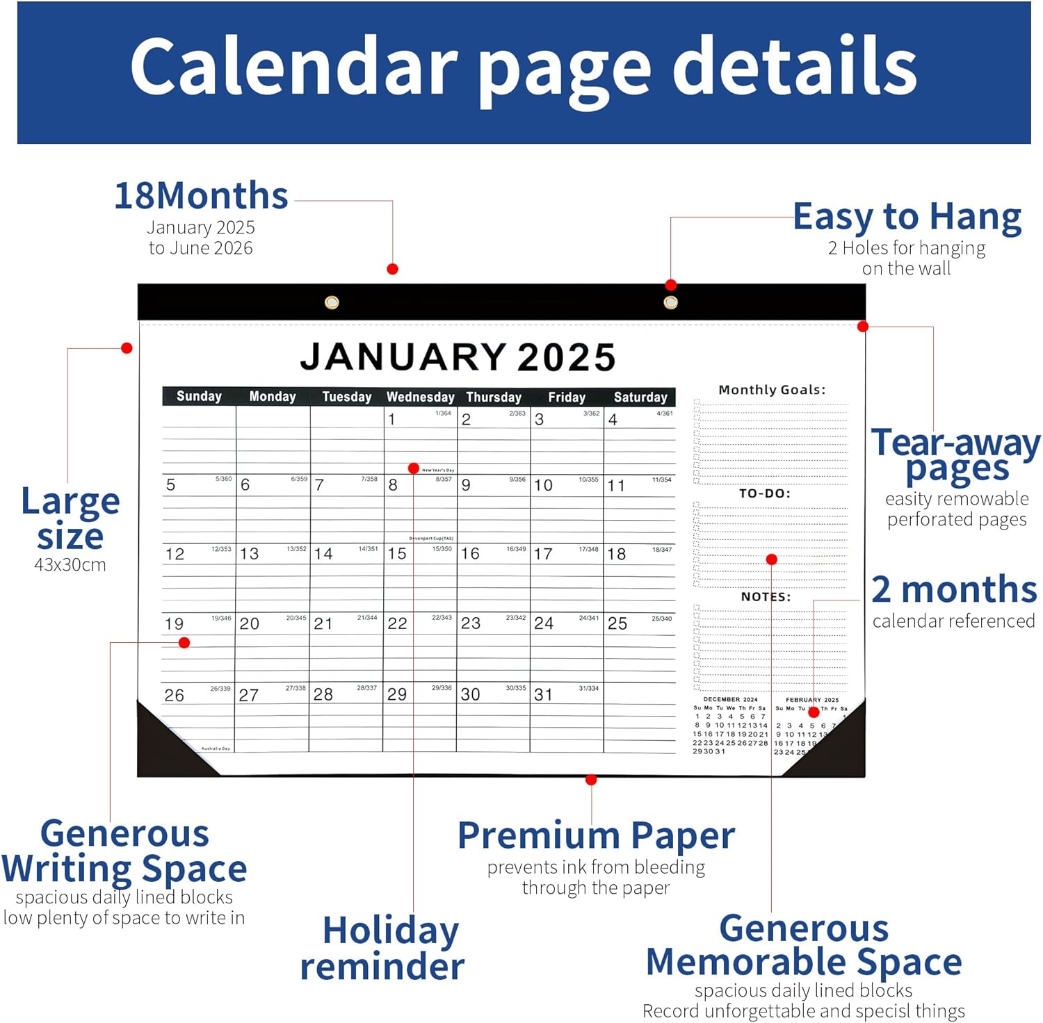 2025-2026 Large Wall Calendar, Wall Calendar 18 Months -January 2025-June 2026, Desk Calendars Planner 2026 with To-Do List,Thick Paper,Colored Stickers,2025 Desk Calendar 43 X 30 Cm Daily Plan Planning Use Home/Office image number 1