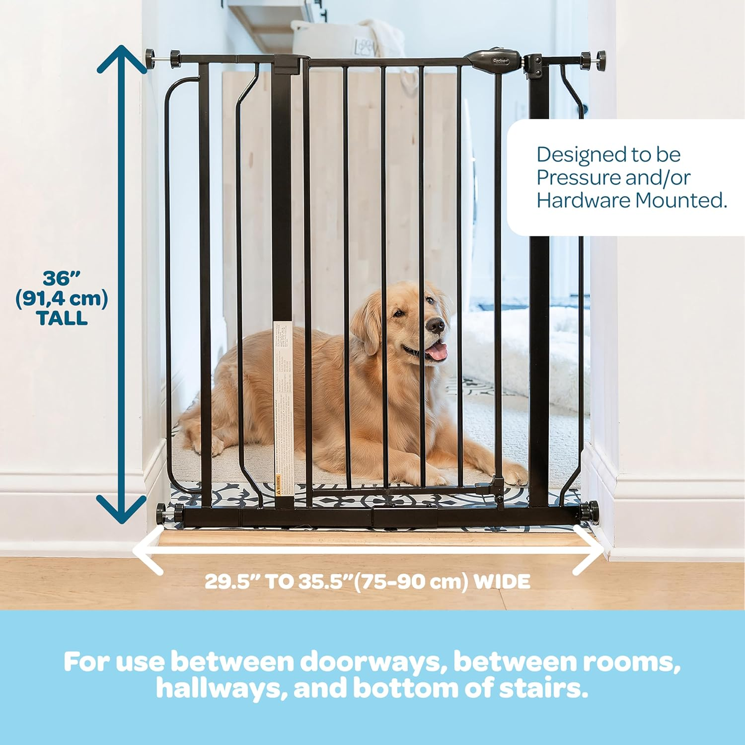 Carlson Extra Tall Walk through Pet Gate with Small Pet Door, for Openings 29"-39" Wide,Includes 4-Inch Extension Kit, 4 Pack Pressure Mount Kit and 4 Pack Wall Mount Kit, Black image number 6