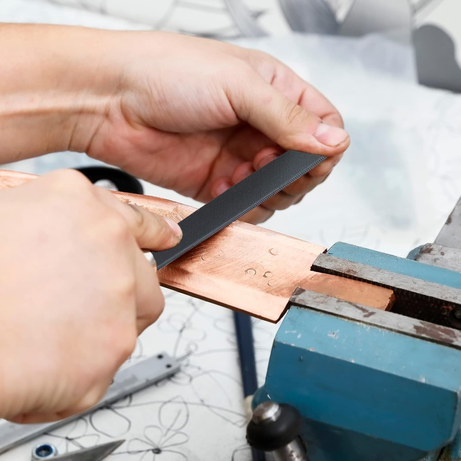 6-Inch Flat Medium Cut File Double Cut Teeth High Carbon Steel Hand File Single Cut Hardened without Handle Ideal for Wood, Metal, Plastic image number 3