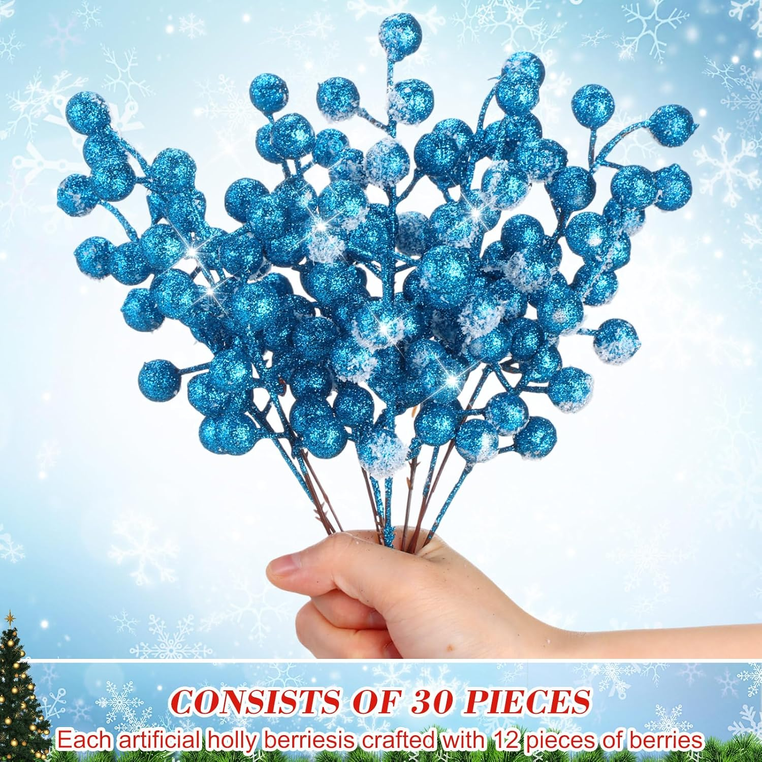 Geosar 30 Pieces Artificial Christmas Berry Picks with Snowflake Glitter Artificial Holly Berry Stems for Christmas Tree Ornaments Vases DIY Crafts Home Wedding Party Holiday Decor(Light Blue) - Baby Blue image number 6