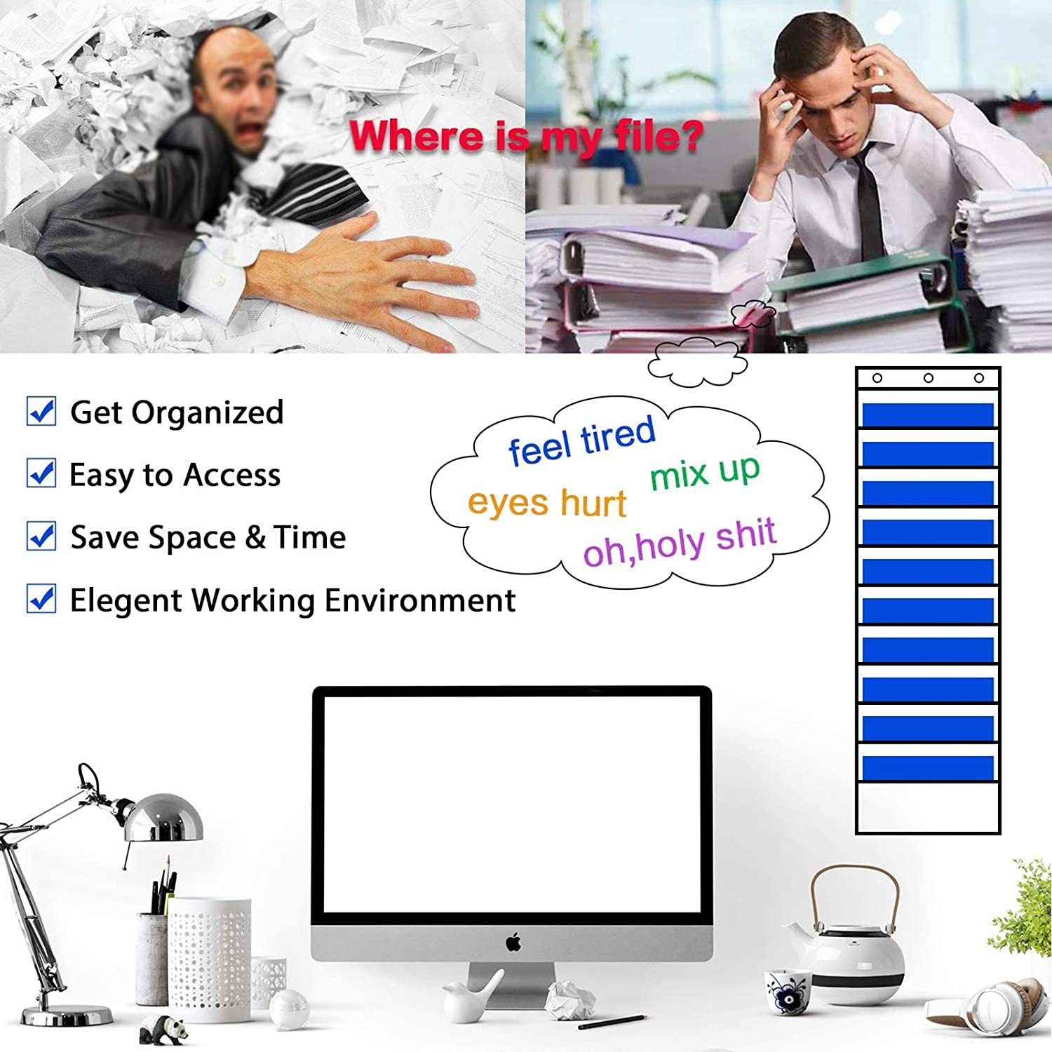 Black Storage Pocket Chart with 10 Pockets 3 over Door Hangers Included Hanging Wall File Organize