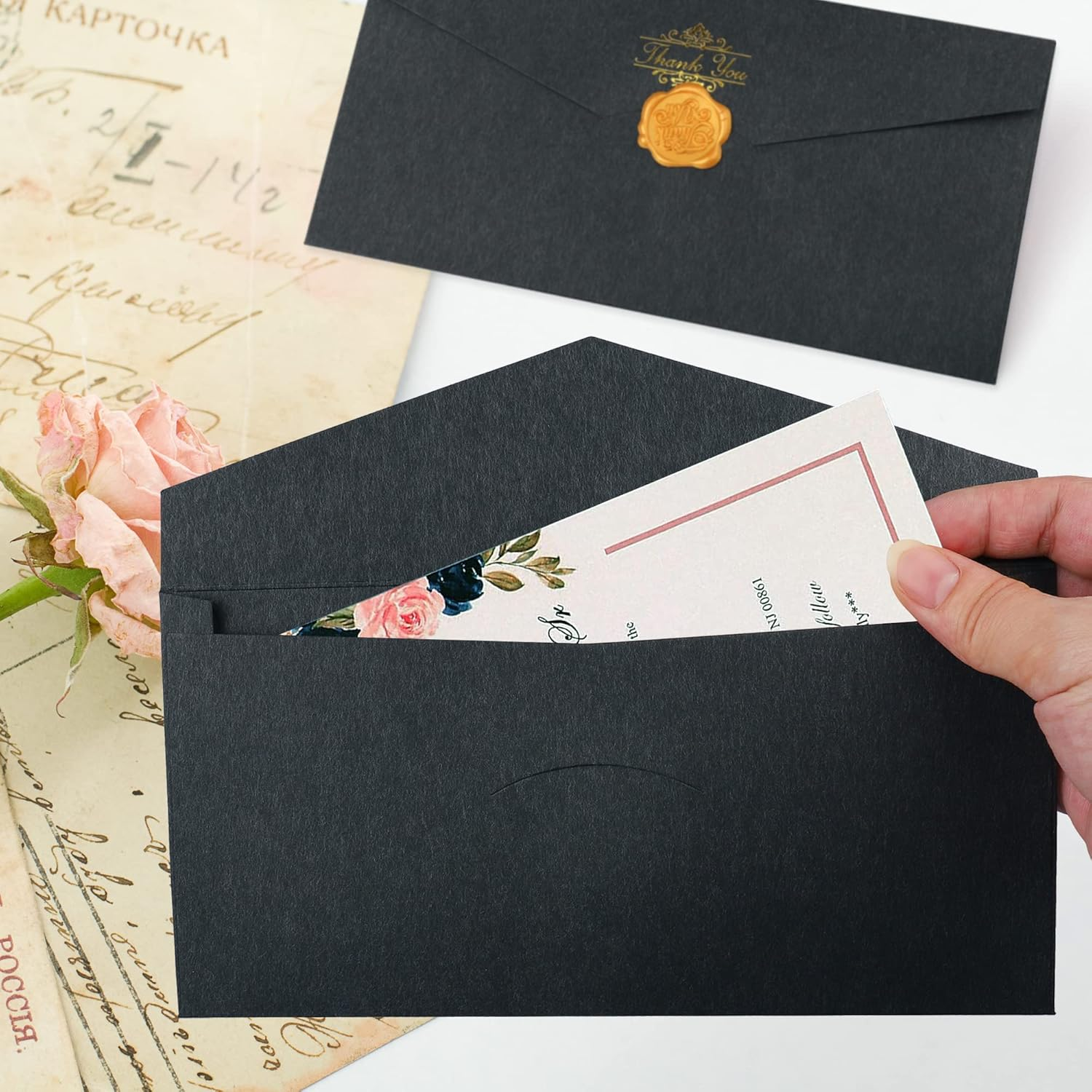 10PCS Specialty Paper Thickened Vintage Black Envelope, &ldquo;8.7 X 4.3Inch&rdquo; Premium Black V Flap Invoices Envelopes for Office Checks, Business Letterhead, Letter Mailing Invitation, Holiday Cards image number 4