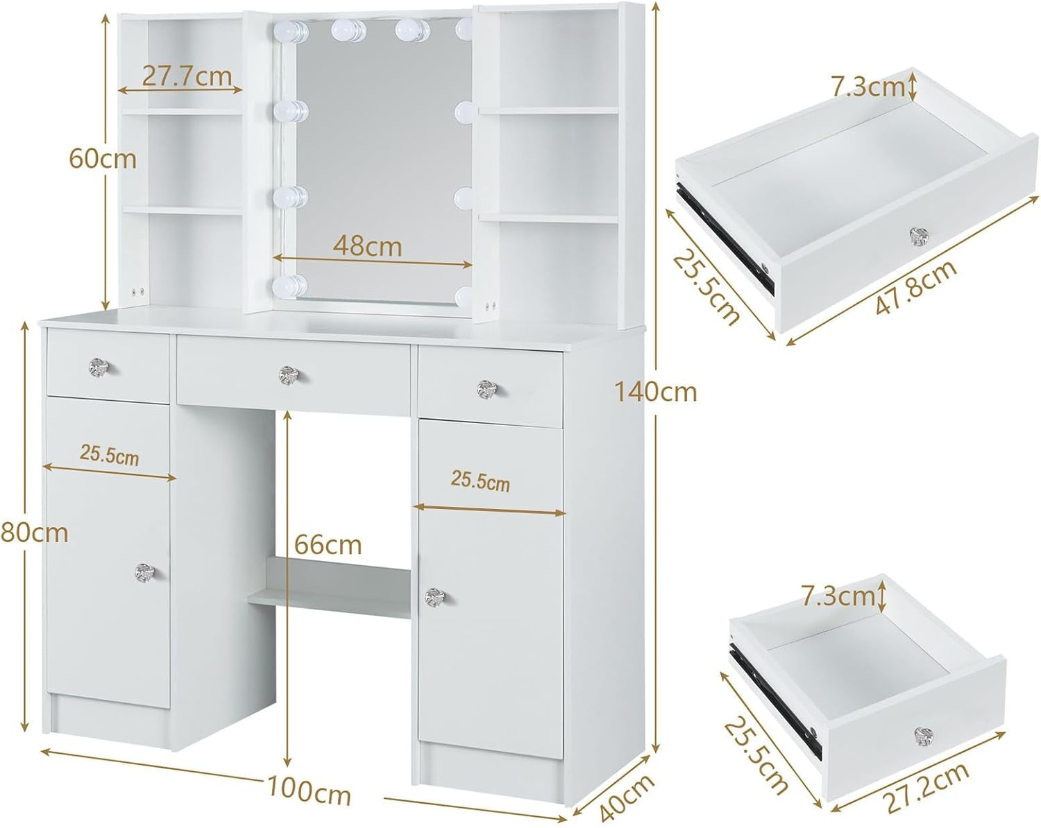 Vanity Table with Mirror and Lights, Vanity Table with 3 Drawers and 2 Doors, Makeup Table with Shelves and Stool, Large Vanity Set for Girls and Women, White image number 3