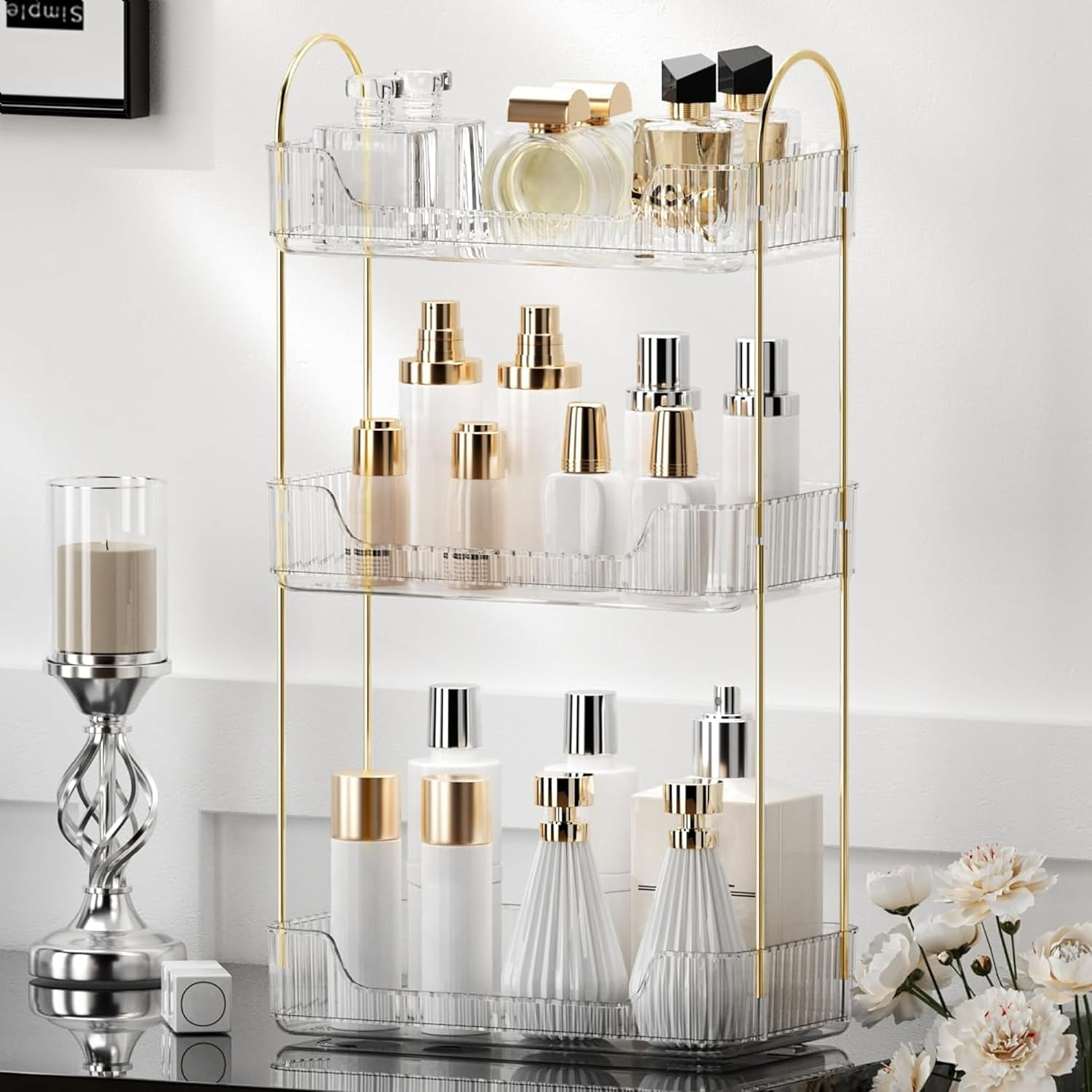 Ycia&Done Bathroom Organizer Countertop, Makeup Storage, Skincare Cosmetic Tray Shelf, Perfume Holder Rack for Vanity Counter, Large Capacity, Easy to Install, Clean, 2 Tiers, Amber Gold