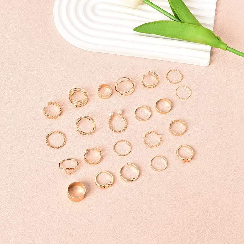 Gold Knuckle Rings Set for Women Pearl Butterfly Heart Ring for Girls Boho Stackable Rings Midi Finger Ring Adjustable Statement Rings 22Pcs image number 2