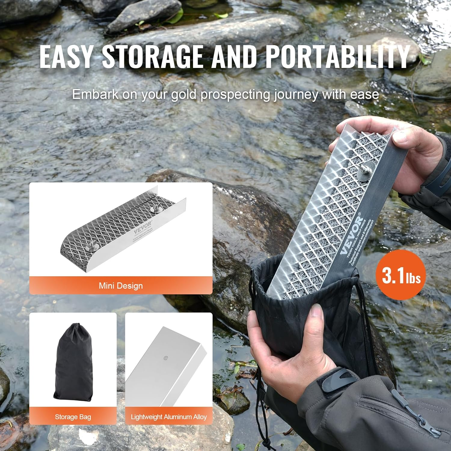 VEVOR Gold Panning Kit with Mini Sluice Box, 12" Aluminum Gold Mining Equipment, 16PCS Golds Prospecting Kit with Golden Pan, Classifier Screen, Separating Magnet, Drawstring Backpack and Accessories image number 2