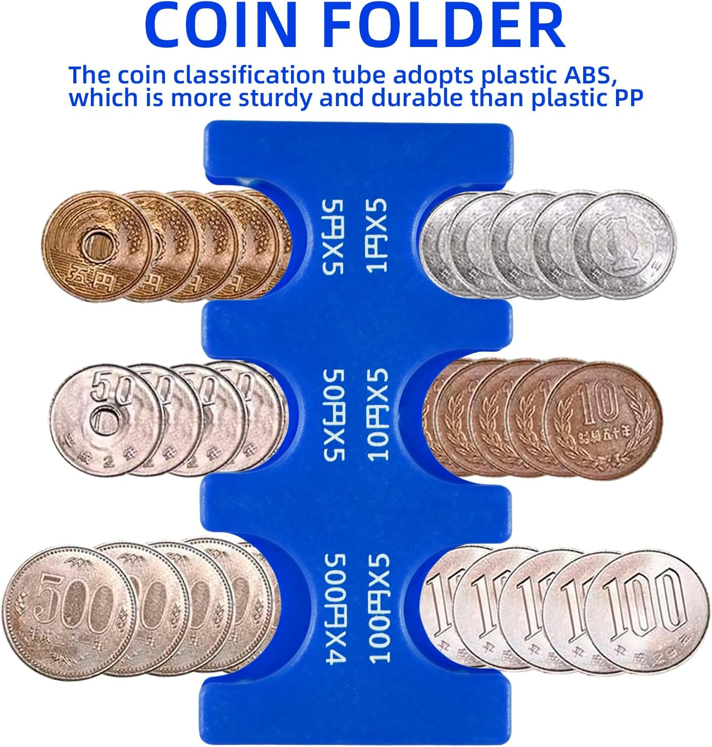 Japanese Yen Coin Holder Hard Case Organizer and Storage for Coins Rectangle JPY Coin Organiser and Dispenser, Plastic Coin Sorter Wallet (Blue) image number 3
