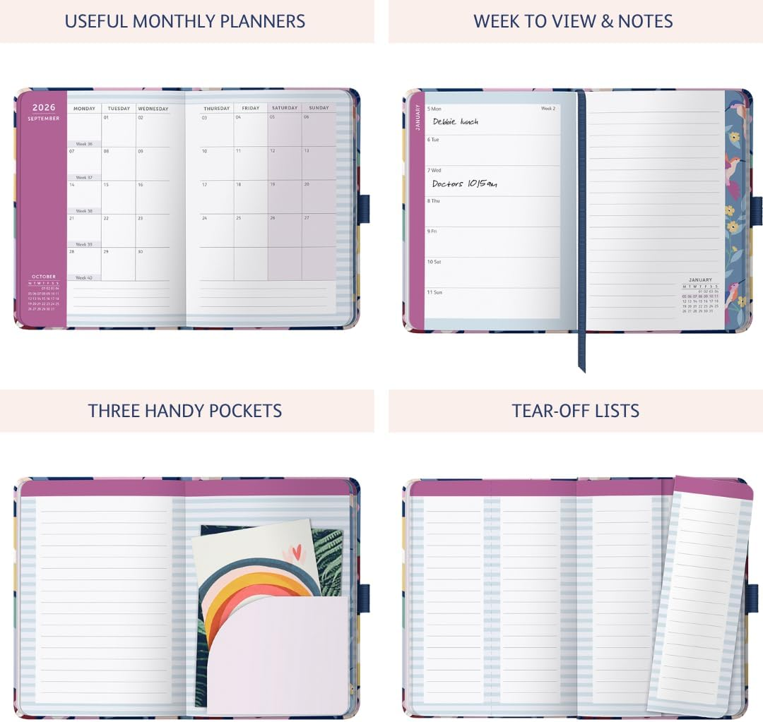 Busy B - A6 Weekly Planner 2026 - Appointment Calendar with To-Do Lists & Note Pages - Compact Diary with Colourful Floral Pattern - Week to View, 3 Pockets & Year Planner - Charcoal Marble image number 7