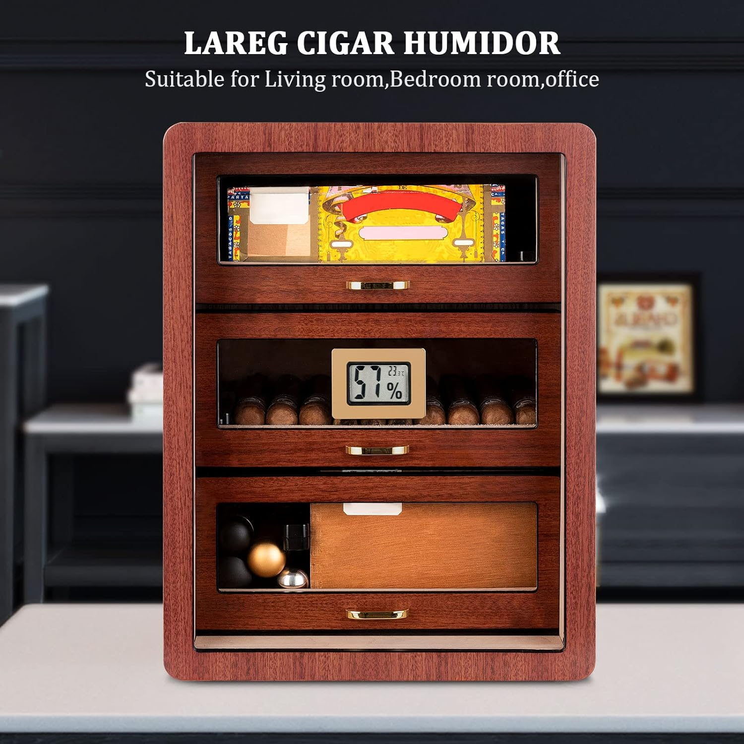 CIGARLOONG Cigar Humidor Cedar Wood 3 Drawers with Hygrometer and Humidifier Hidden Handle Moisturizing Box,Holds 100 Cigars Large Indoor Humidor(Brown2) image number 6