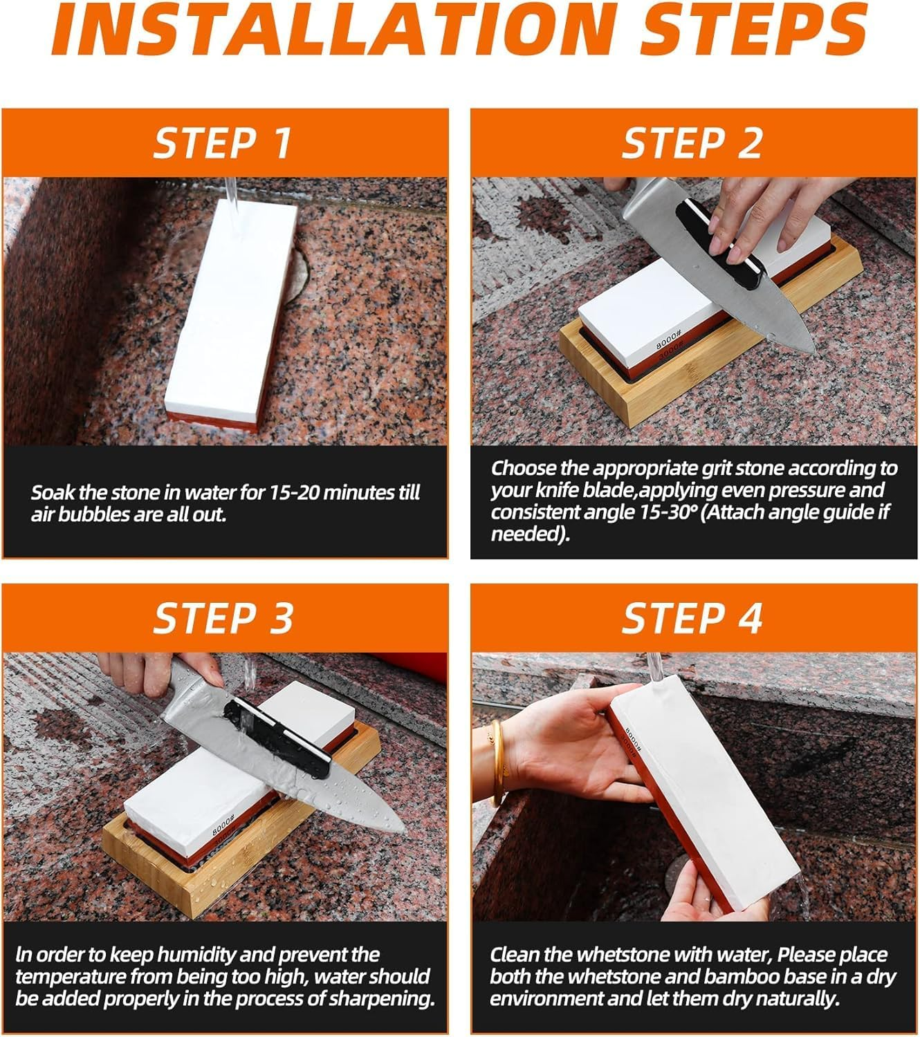 Knife Sharpening Stone with Non-Slip Rubber Base, 400/1000+3000/8000 Grit Premium Whetstone, Sharpening Stone Whetstone Set Kitchen Knife Sharpener Stone Wet Stones for Sharping(Nd-Z565-8) image number 2