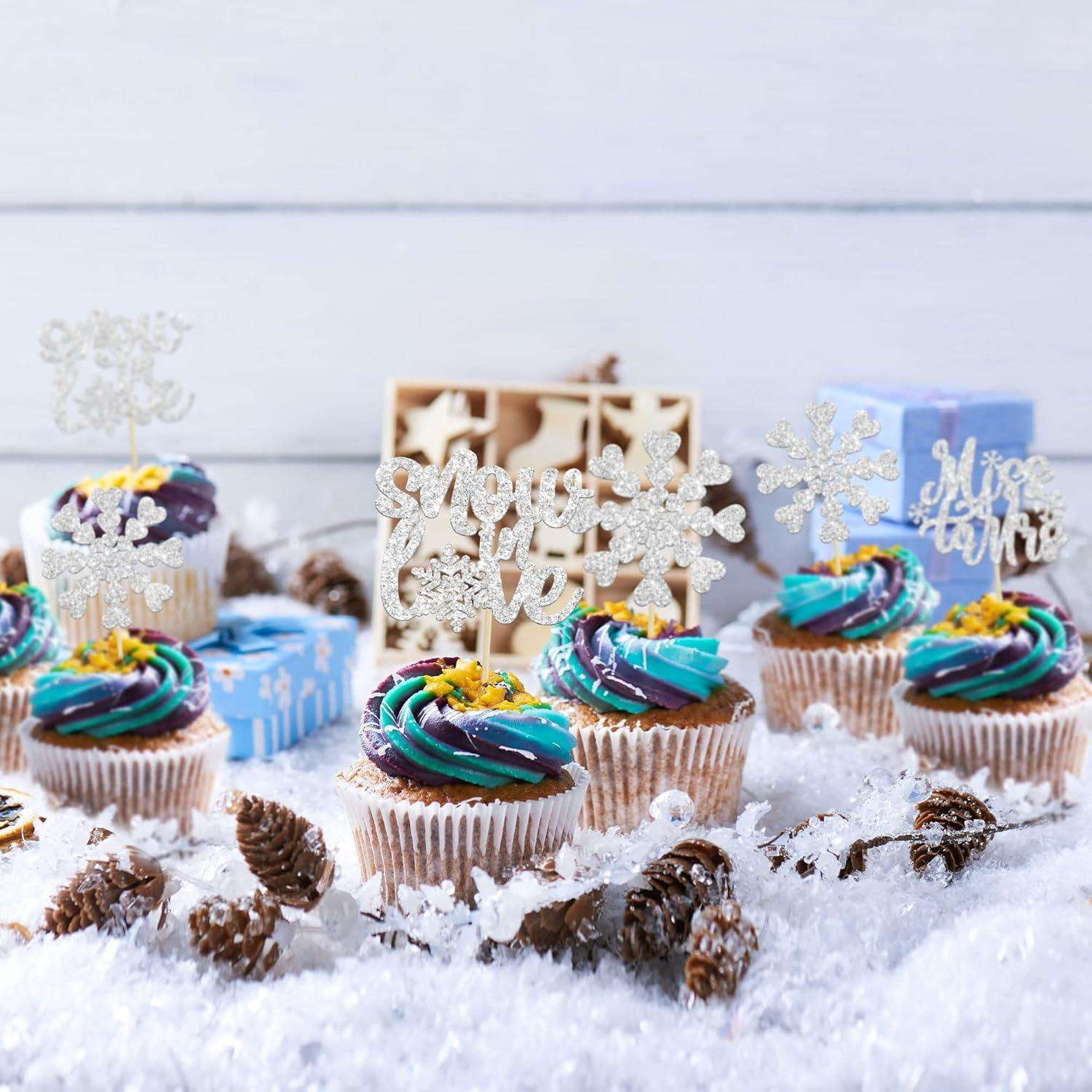 Gyufise 24Pcs Silver Snowflake Cupcake Toppers Glitter Winter Snowflake Miss to Mrs Cake Topper Picks for Winter Wedding Anniversary Decorations Bridal Shower Party Supplies image number 1