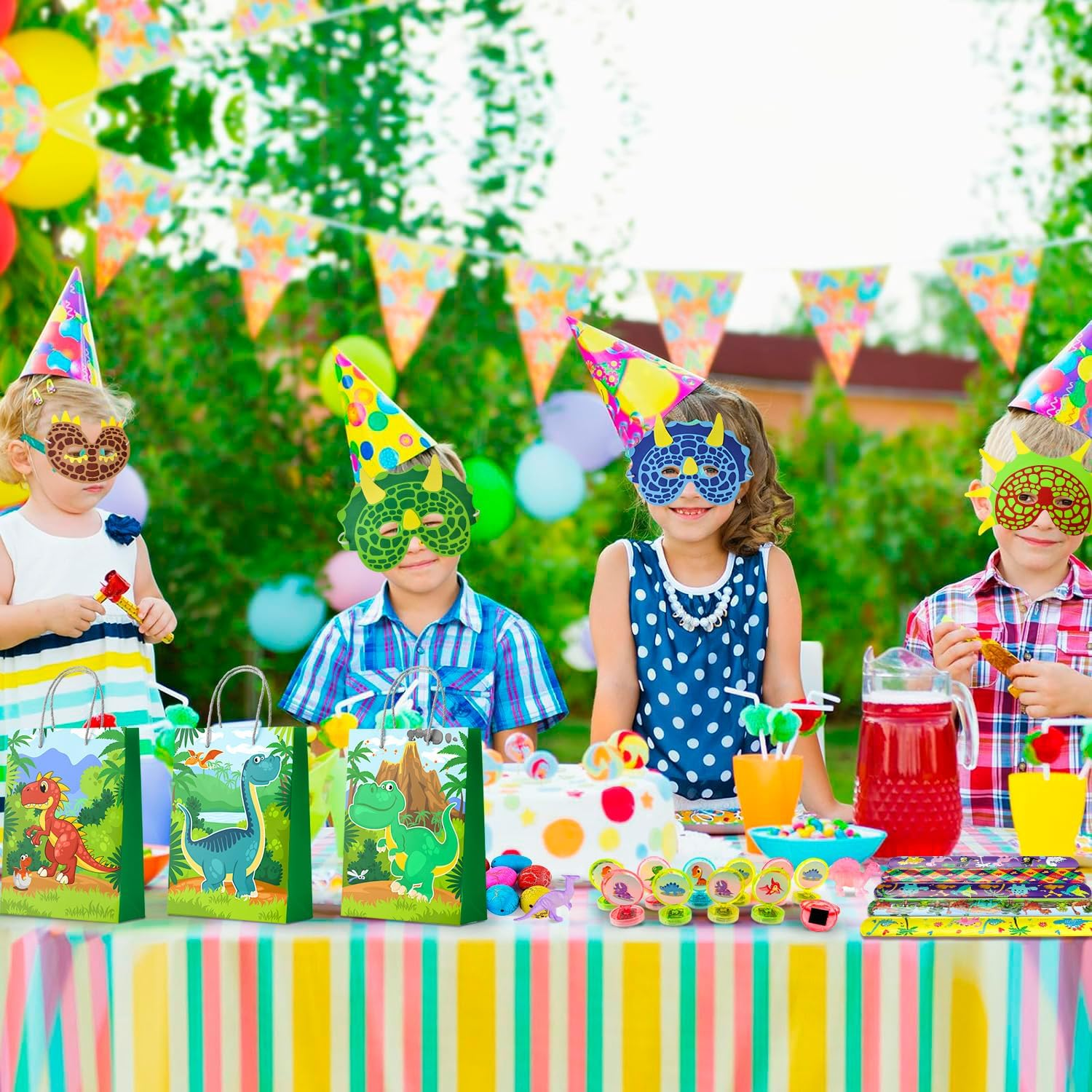 Dinosaur Party Favors for Kids, 96Pcs All-In-One Dinosaur Birthday Party Favors Set - Dino Party Favor Bags Keychains Stampers Stickers Toys Clap Bracelets Etc Dinosaur Birthday Party Supplies image number 1
