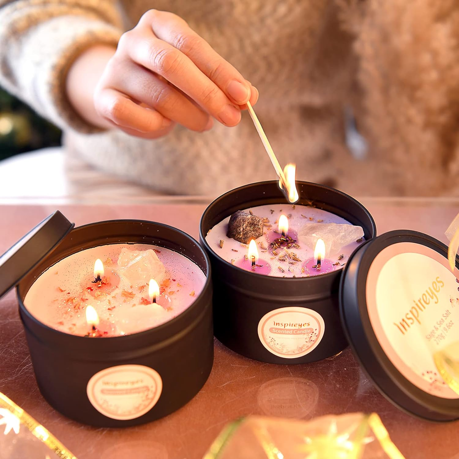 Healing Crystal Candle Set, 19 Oz 3 Wick Candle, Manifestation Candle Large Energy Stones, Large Tin of Soy Aromatherapy Meditation Candles, Birthday Christmas Spiritual Gifts for Women image number 4