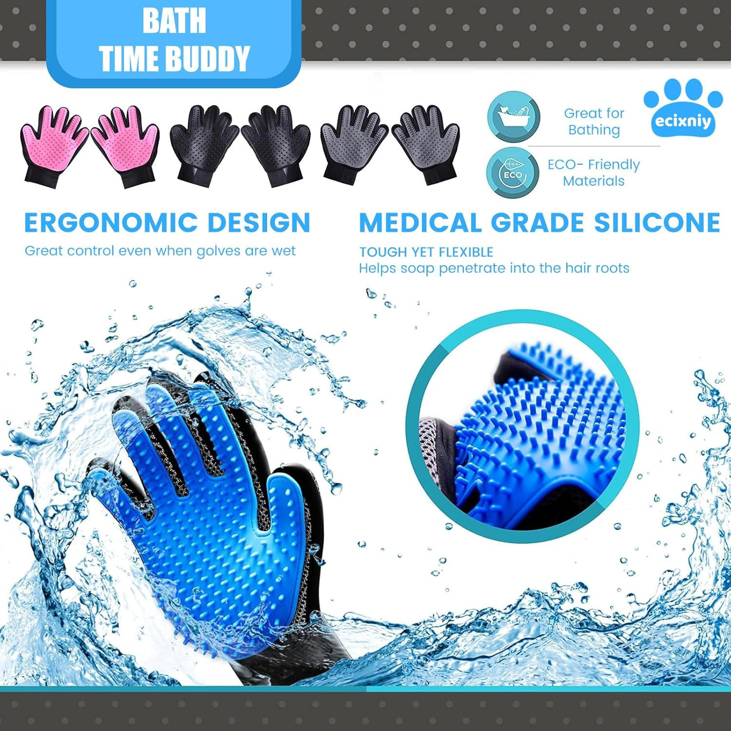 【Ecixniy】Pet Grooming Gloves,One Pair Gentle BPA Free Dog Washing Glove,Pet Hair Remover,Cat Brush Fur Removal Groomer for All Pet Hair Removal Needs-For a Clean Home & Happy Fur Babies（1Pair Black） image number 5