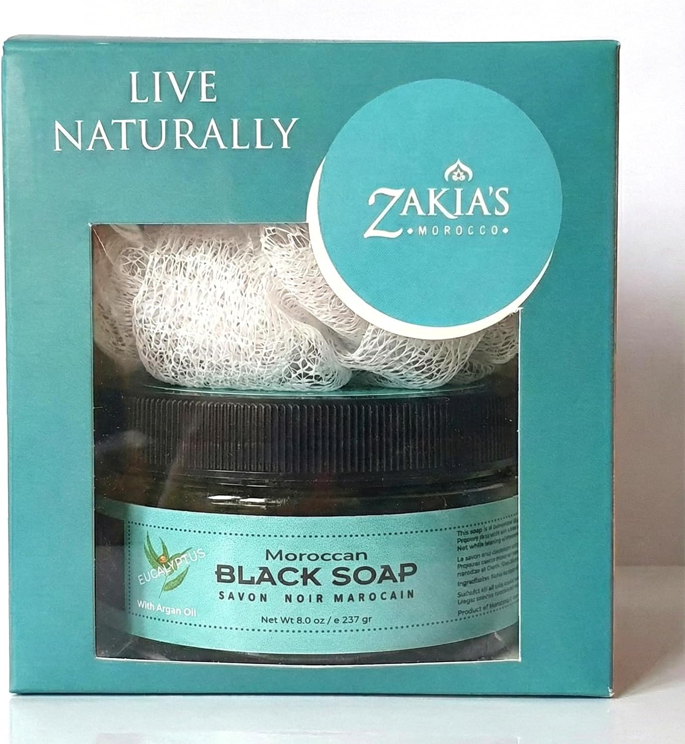 Zakia'S Morocco 8 Oz Moroccan Black Soap - Envigorating Eucalyptus Scent with Added Argan Oil plus Kessa Exfoliating Glove