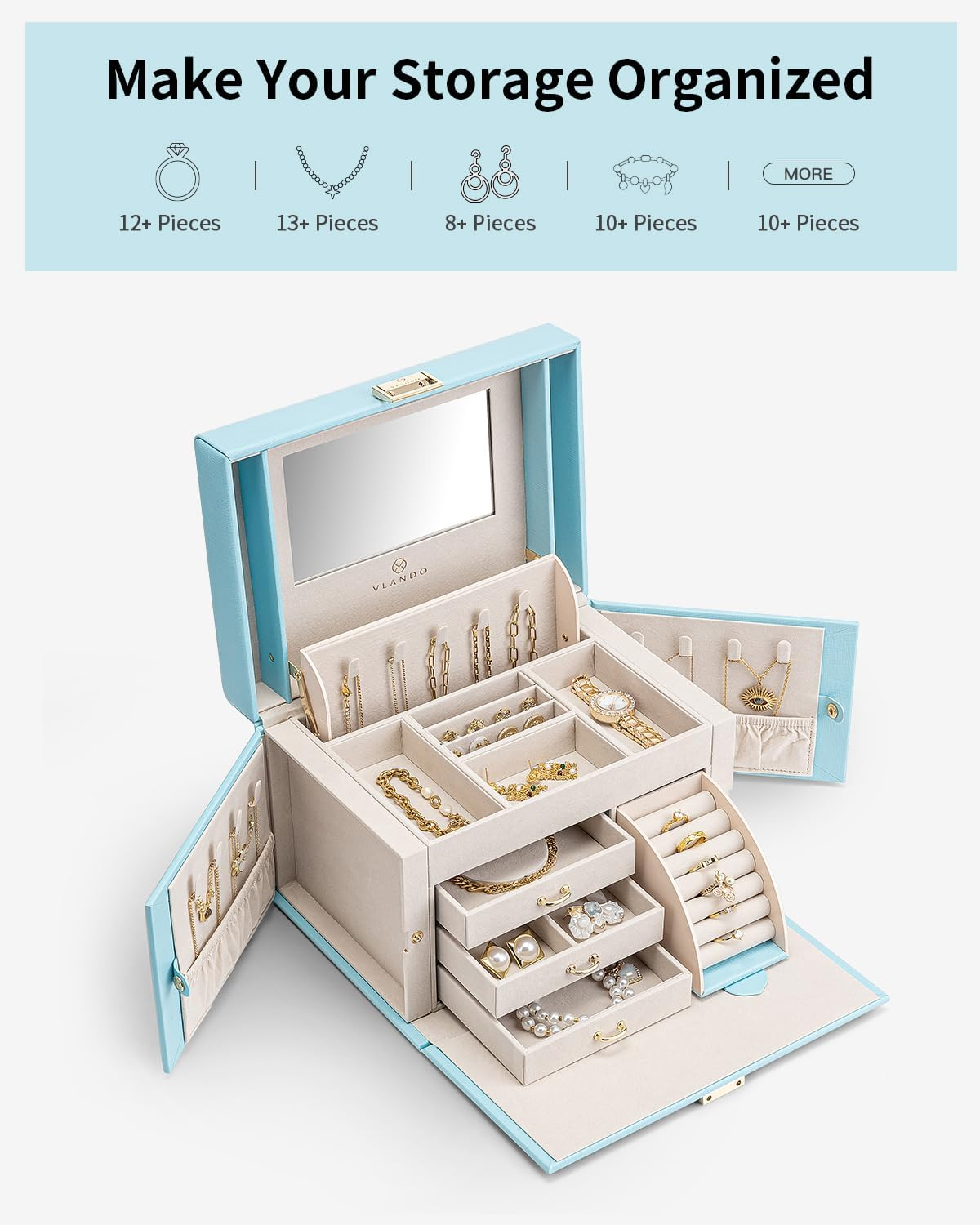 Vlando Jewelry Box Organizer for Girls Women, Large Baroque Jewelry Holder Organizer with Mirror, 3 Drawers for Bracelets, Earrings, Rings, Necklaces, Mothers Day Gifts for Loved One, Blue