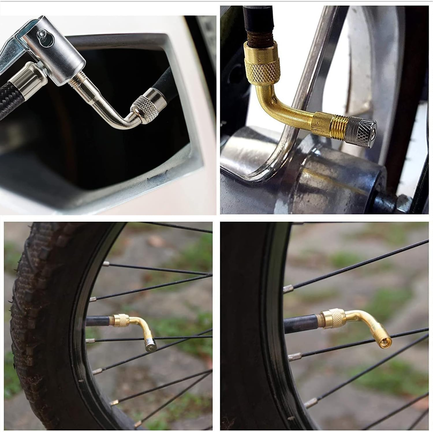 YUENTOEN 4 Pieces Tire Valve Extension, 90 Degree Valve Extender, Universal Brass Curved Tire Air Valve Stem Extension with Valve Cap for Car, Motorcycle, Truck and Bicycle image number 3