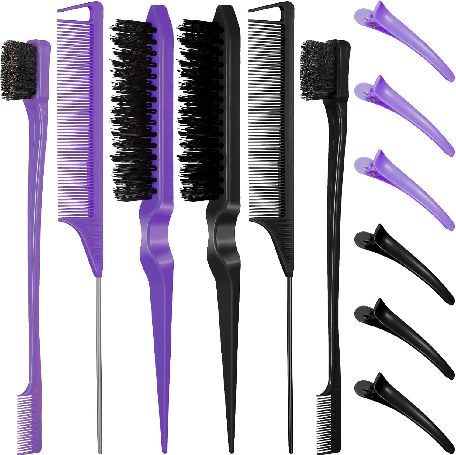 Remerry 12 Pieces Hair Brush Set, Nylon Teasing Hair Brushes 3 Row Salon Teasing Brush, Double Sided Edge Smooth Comb Grooming, Rat Tail Combs with Duckbill Clips for Women(Pink)