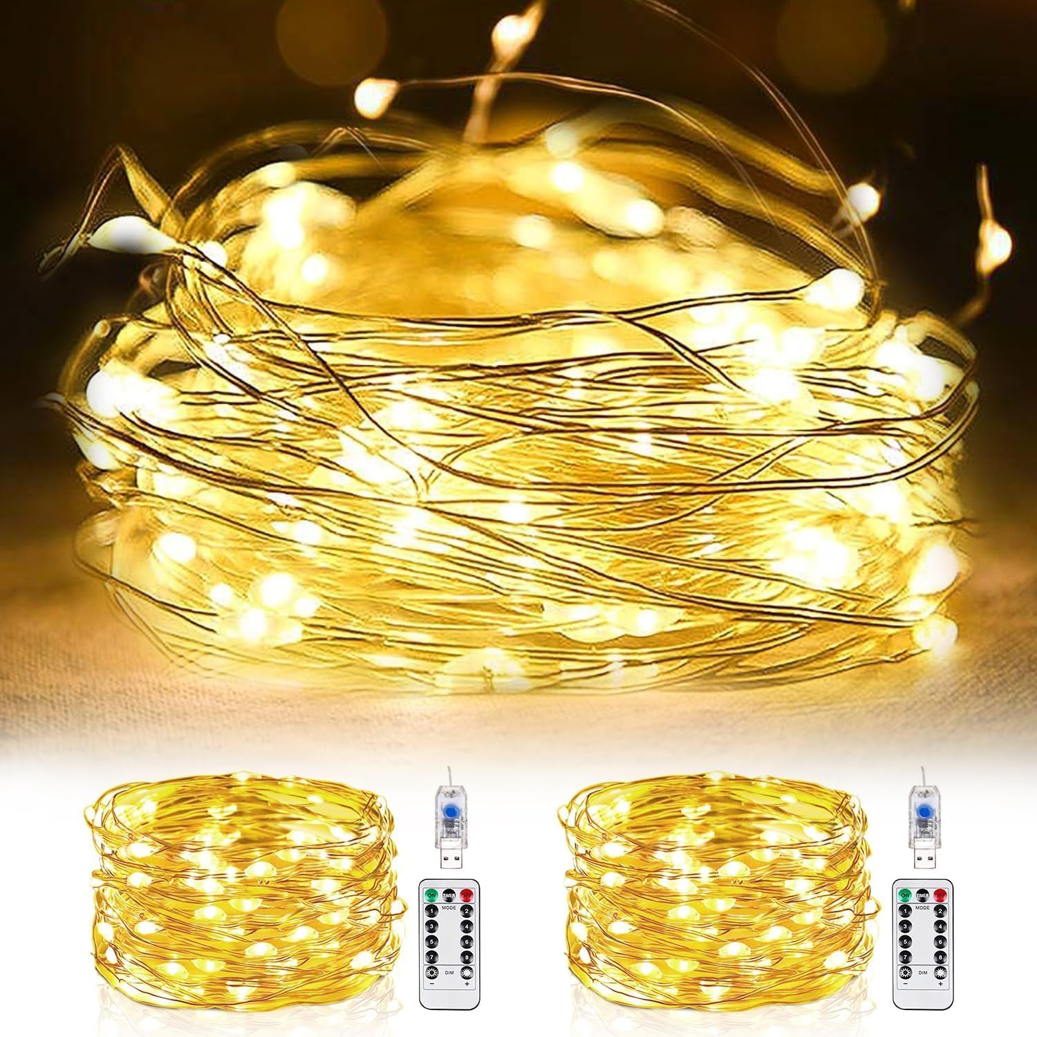 Fairy Lights for Bedroom, TCUSFO 2 Pack Total 66Ft 200 LED Indoor String Lights USB Plug In, Twinkle String Lights with Remote and Timer Starry Lights DIY Wedding Christmas Decoration Warm White image number 3